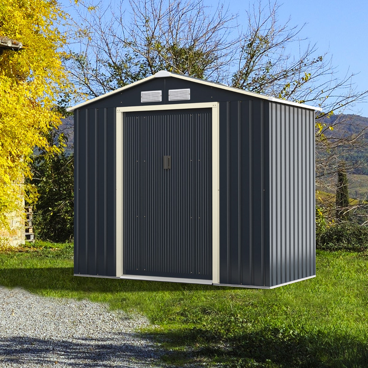 Abrigo de Jardim Exterior com 4 Respiradouros e Portas Individuais Organizador para Quintal Quintinha 213 x 127 x 195 cm Cinzento