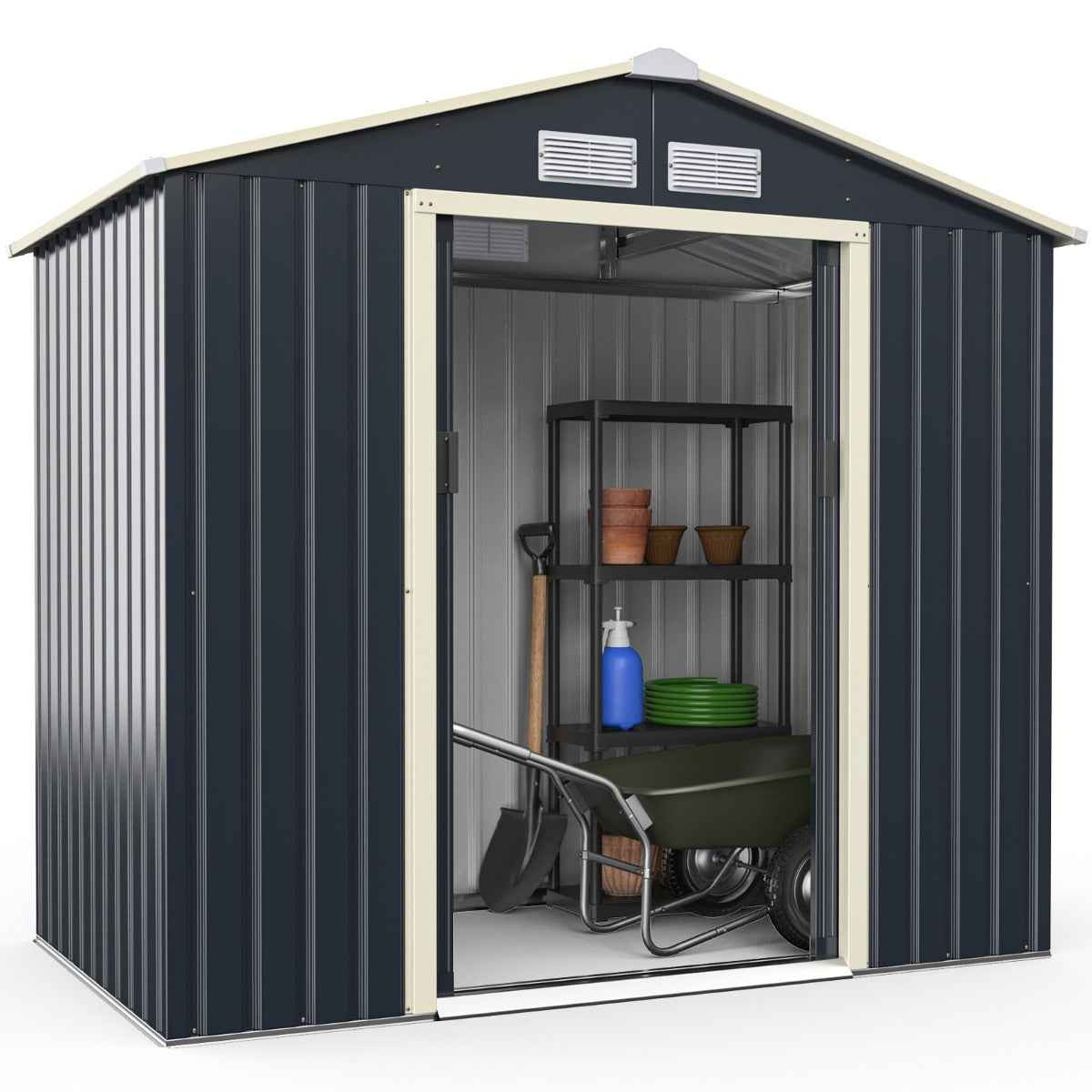 Abrigo de Jardim Exterior com 4 Respiradouros e Portas Individuais Organizador para Quintal Quintinha 213 x 127 x 195 cm Cinzento