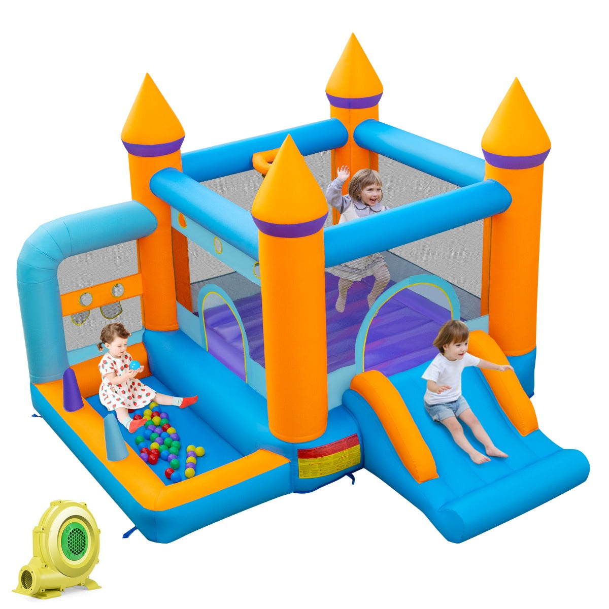 Castelo Insuflável para Crianças com Insuflador Piscina de Bolas de Mar e Escorrega 337 x 325 x 256 cm