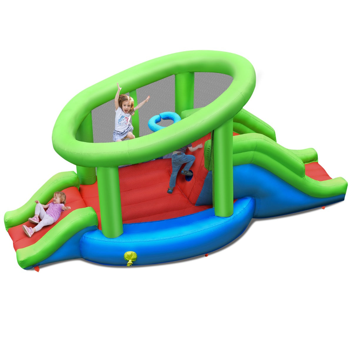 Castelo Insuflável Saltitante com 2 Escorregas e Cesto de Basquetebol 410 x 190 x 197 cm
