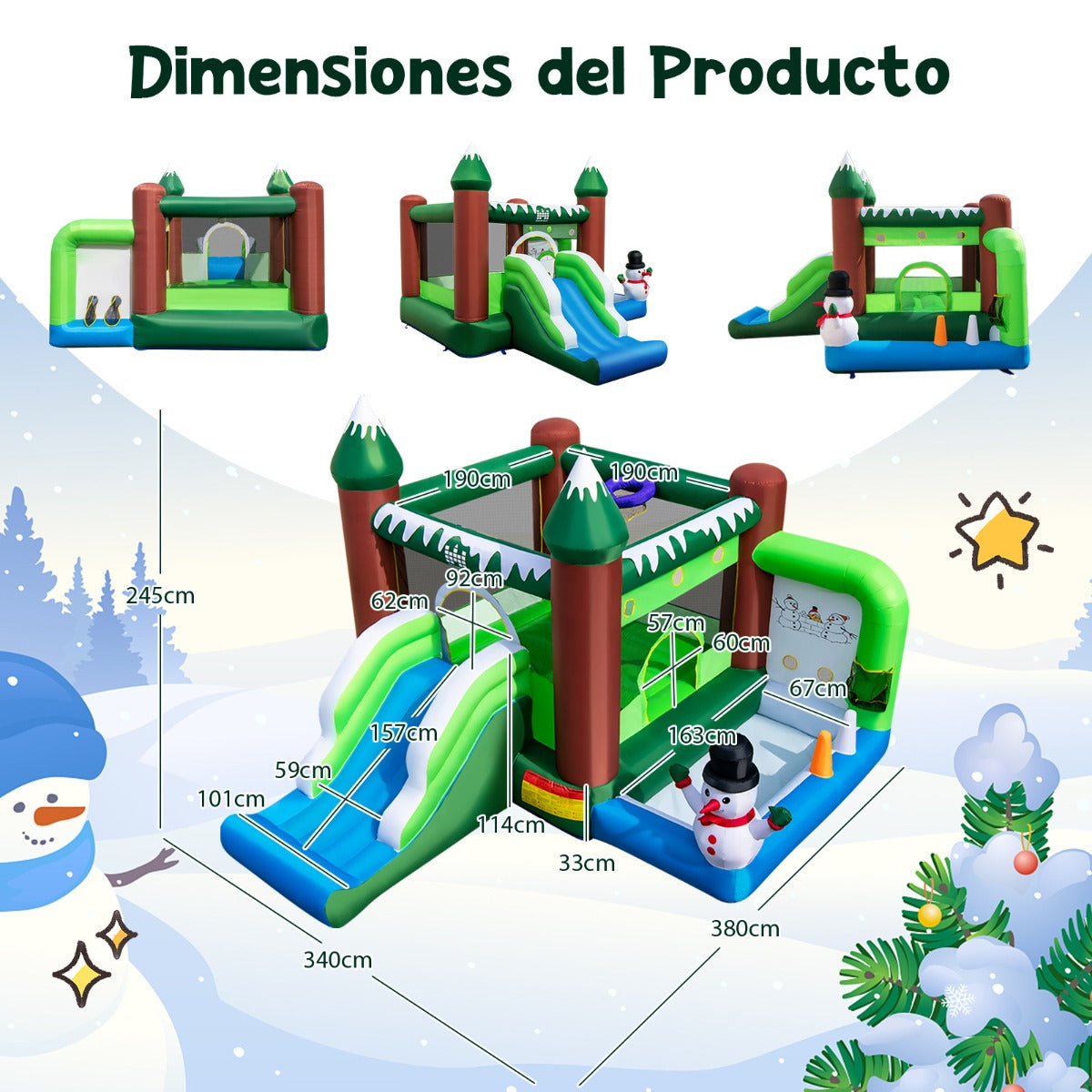Castelo Insuflável Temático de Boneco de Neve com Insuflador de Ar de 735W Escorrega Piscina de Bolas 380 x 340 x 245 cm