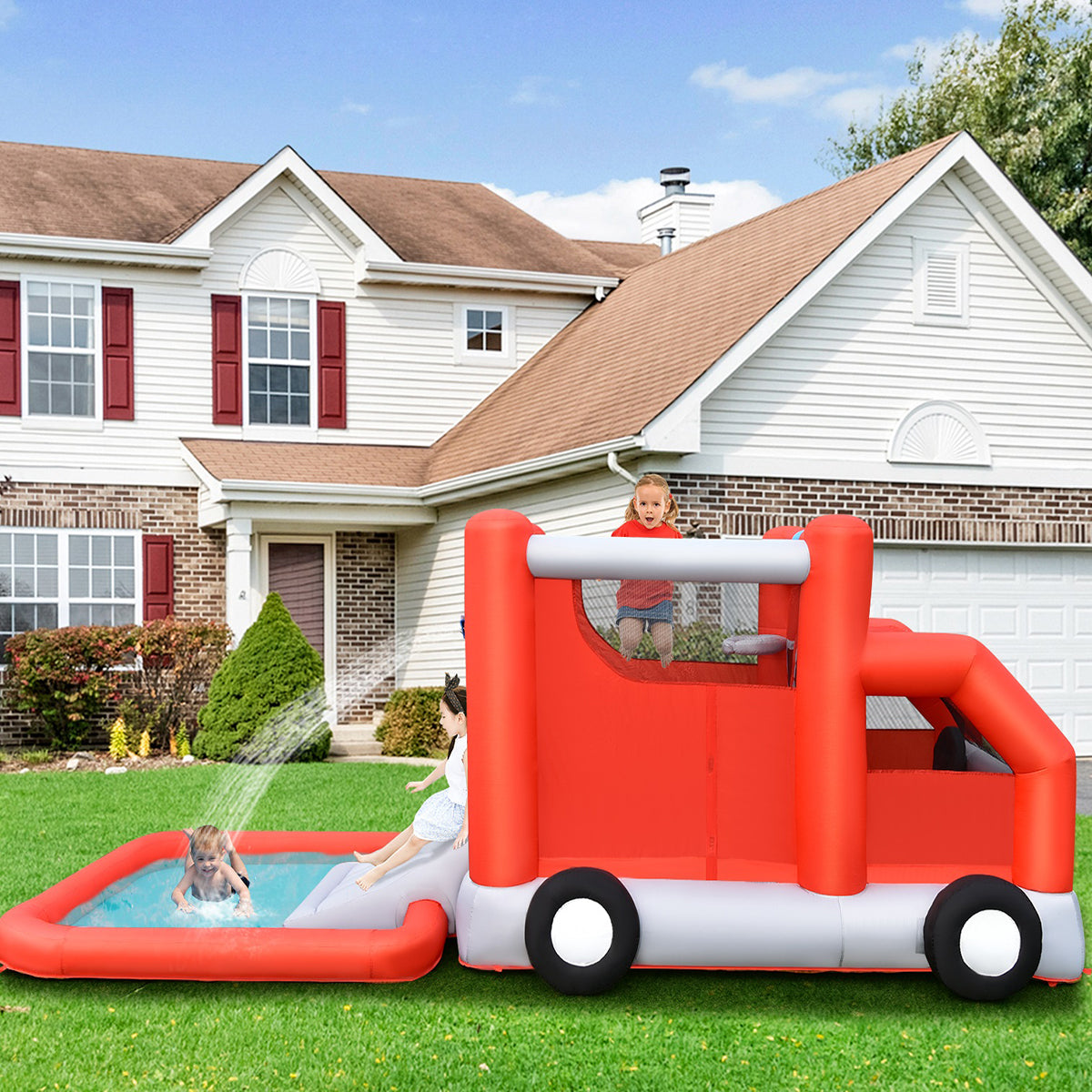 Castelo Insuflável Infantil com Escorrega Aquático – 564 x 268 x 212 cm – camião de bombeiros