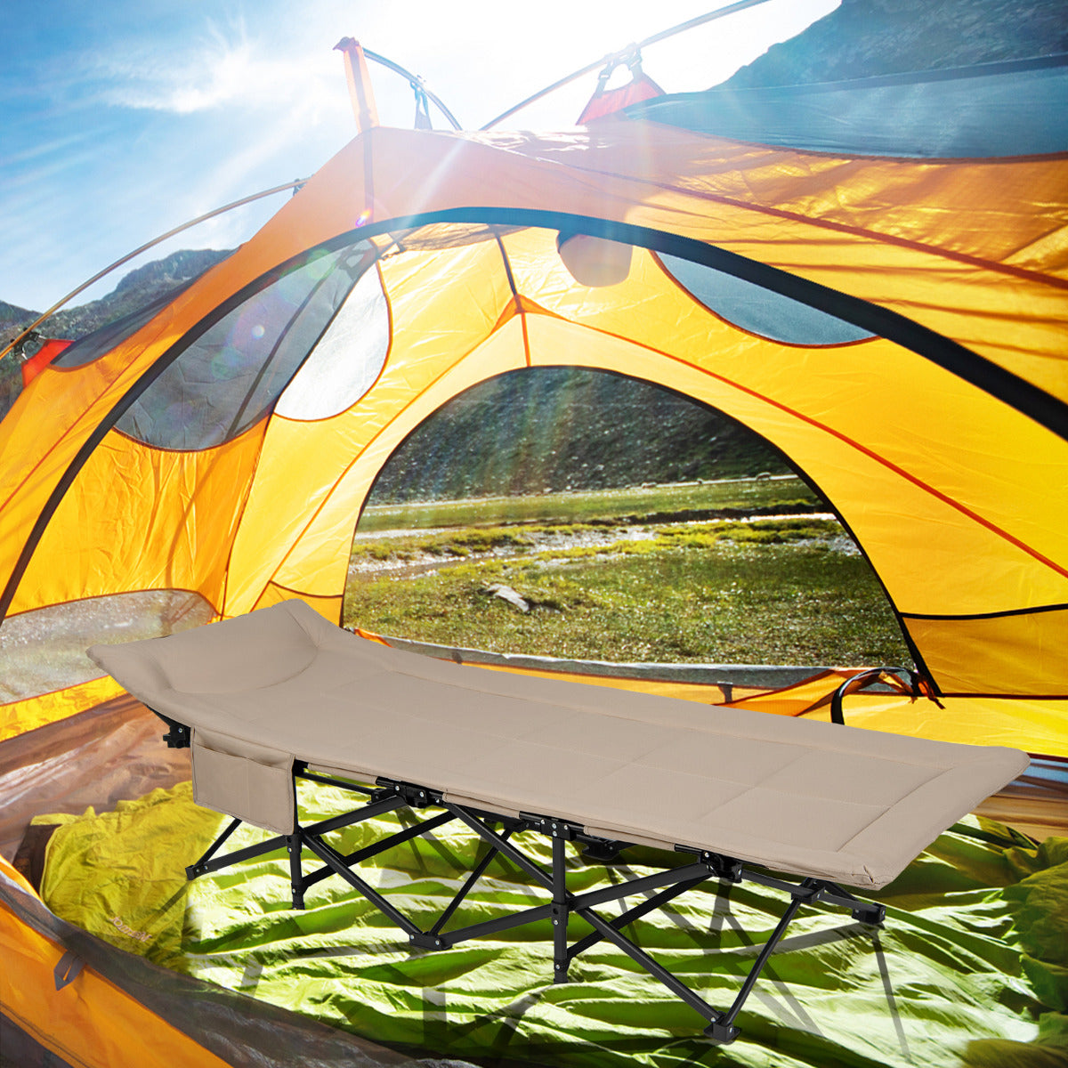 Cama Dobrável para Campismo Portátil Leve com Almofada de Apoio para a Cabeça Bolso Bolsa de Transporte Capacidade de Carga 200 kg 188 x 68,5 x 48,5 cm Caqui