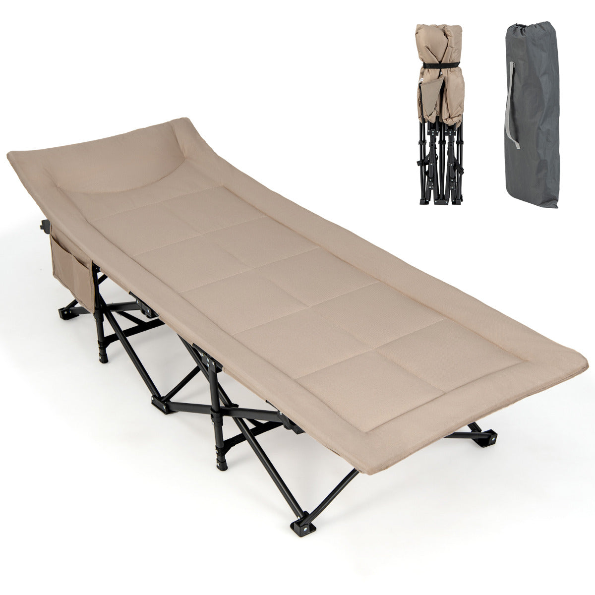 Cama Dobrável para Campismo Portátil Leve com Almofada de Apoio para a Cabeça Bolso Bolsa de Transporte Capacidade de Carga 200 kg 188 x 68,5 x 48,5 cm Caqui