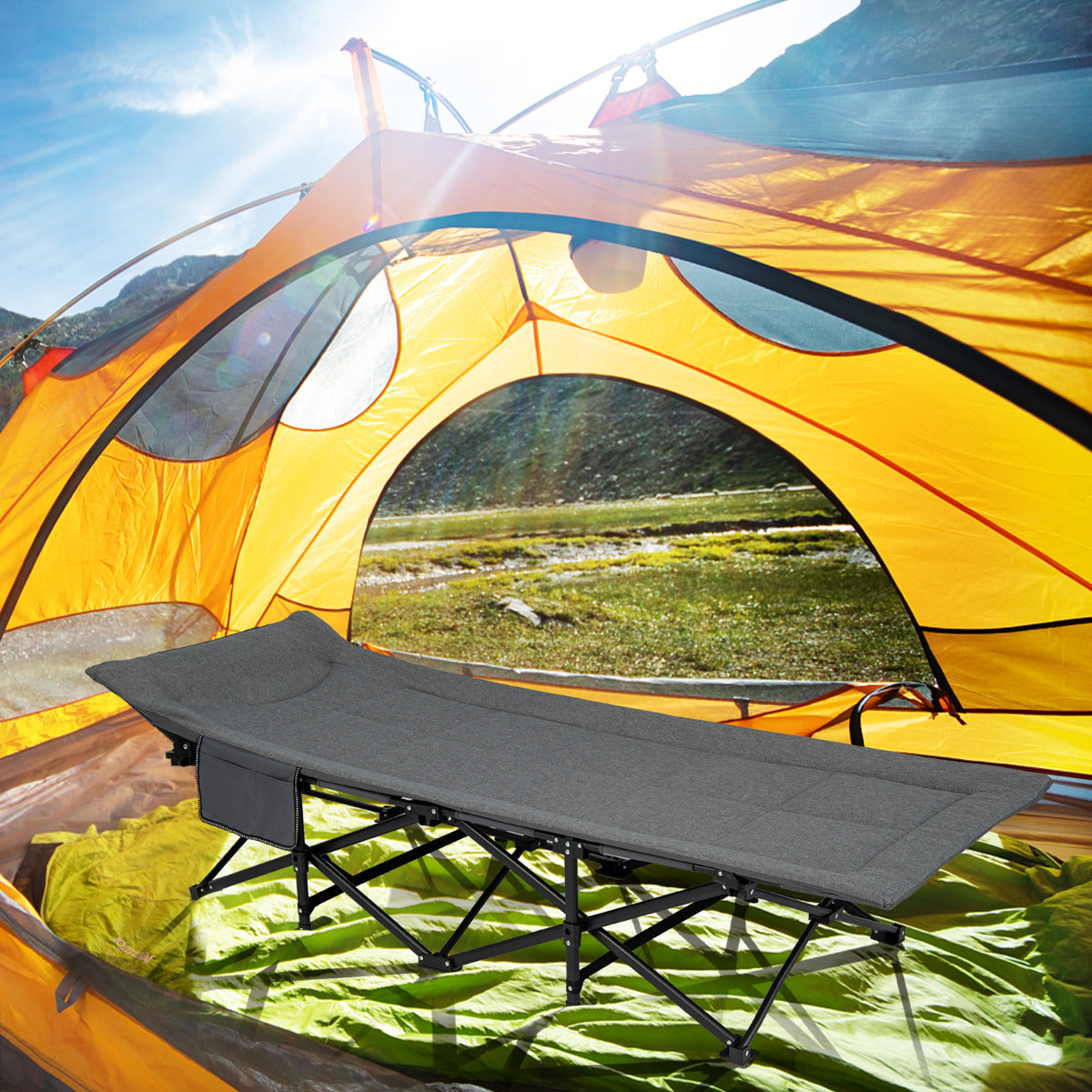 Catre Dobrável para Camping Cama Portátil Leve com Almofada de Apoio para a Cabeça Bolso Bolsa de Transporte Capacidade de Carga 200 kg 188 x 68,5 x 48,5 cm Cinzento