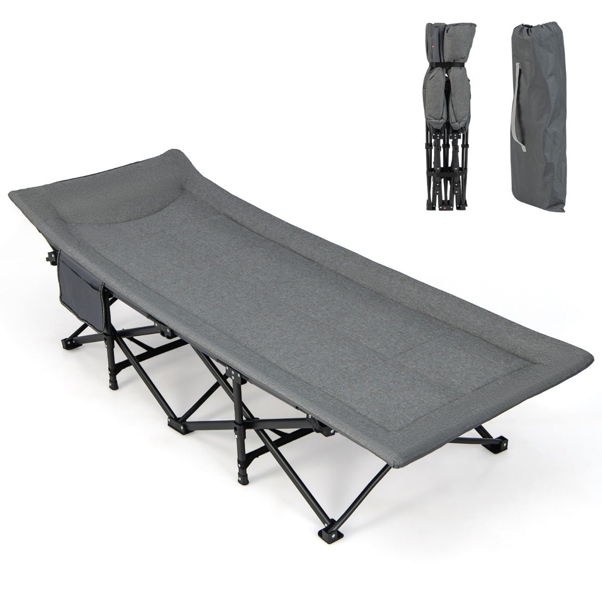 Catre Dobrável para Camping Cama Portátil Leve com Almofada de Apoio para a Cabeça Bolso Bolsa de Transporte Capacidade de Carga 200 kg 188 x 68,5 x 48,5 cm Cinzento