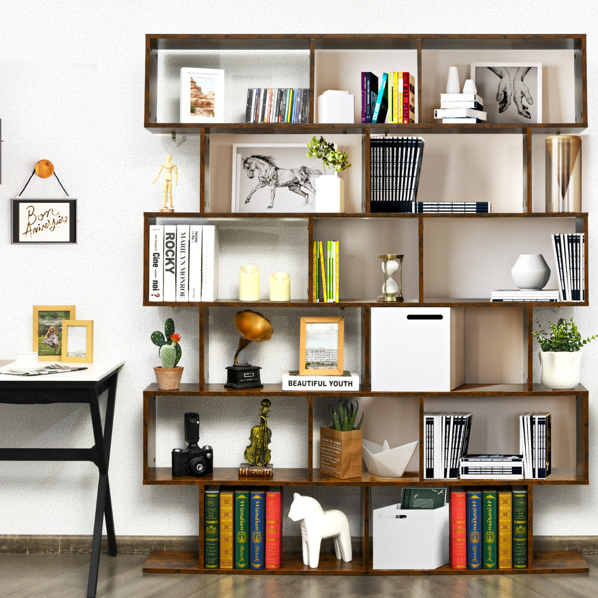 Estante de Livros em Forma de S de 6 Níveis com Dispositivo Antivuelco - Café 80 x 23 x 191 cm