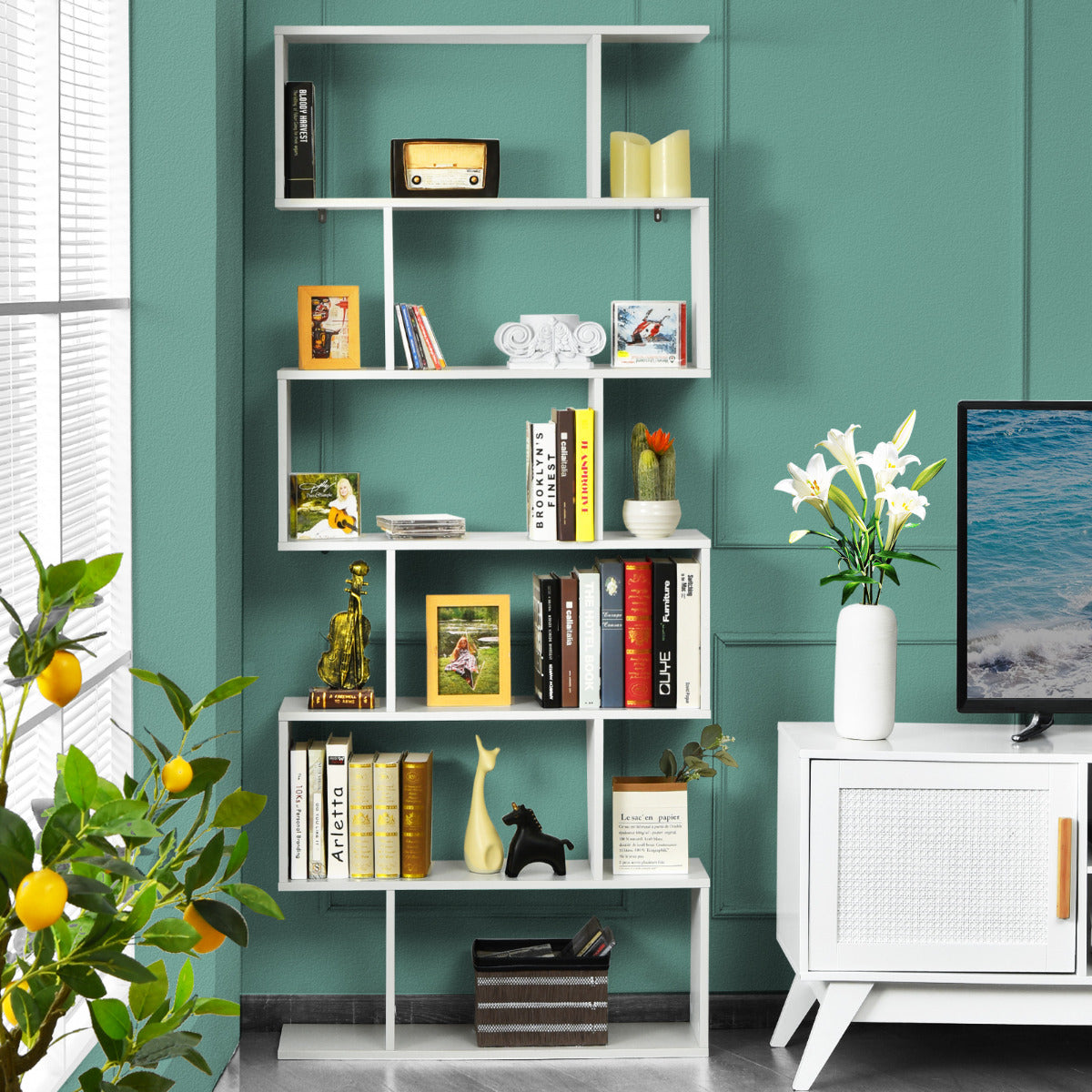 Estante de Livros de 6 Níveis em Forma de S - Dispositivo Antivuelco - Estantería Expositor - Branco 80 x 23 x 191 cm