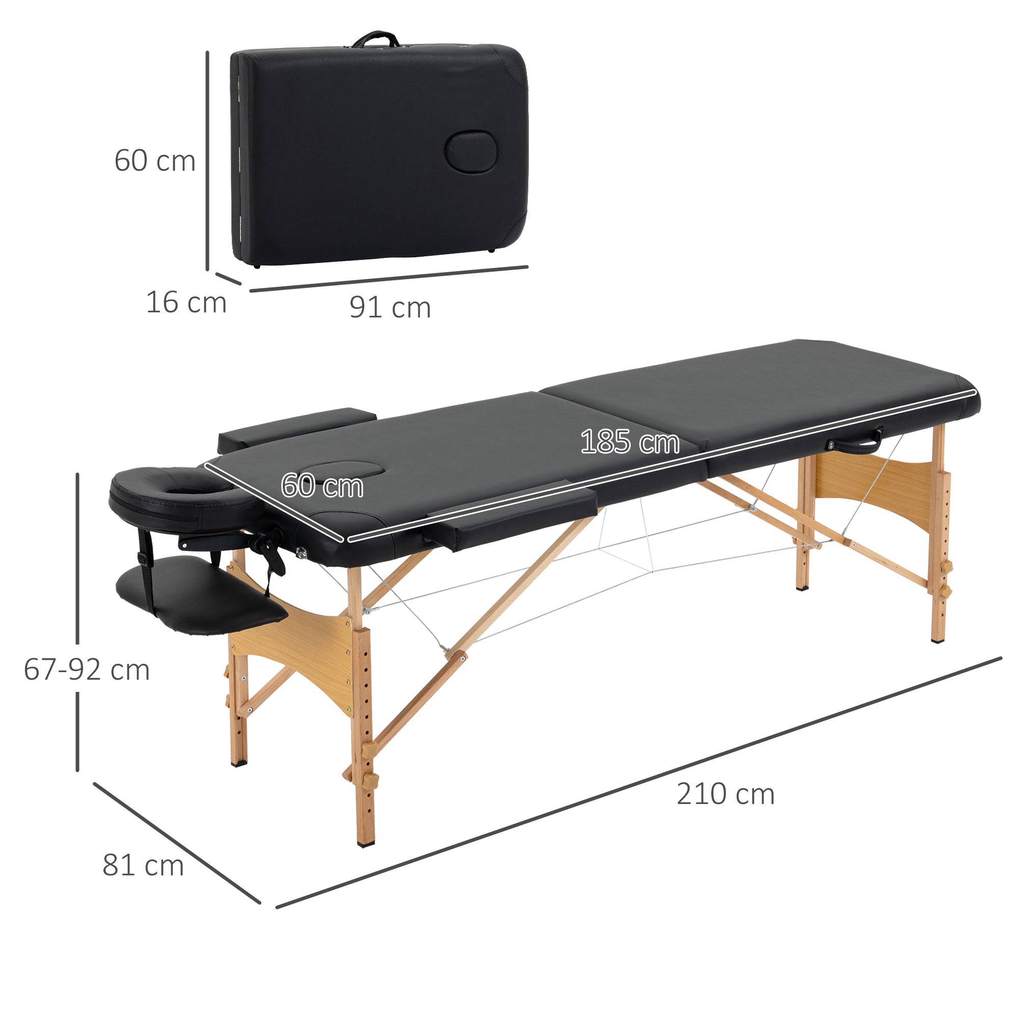 Marquesa de Massagem Dobrável 185x60 cm Preto - Altura Ajustável 61-88 cm