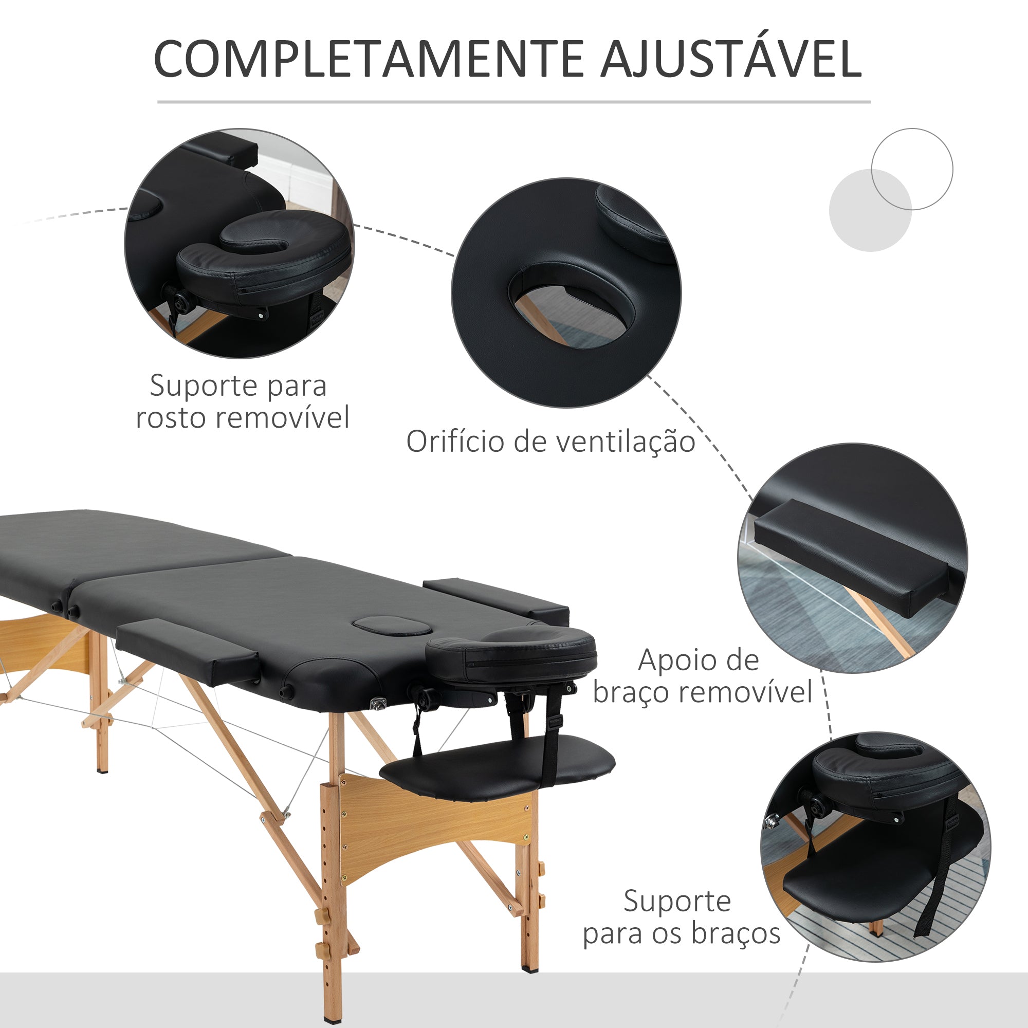 Marquesa de Massagem Dobrável 185x60 cm Preto - Altura Ajustável 61-88 cm