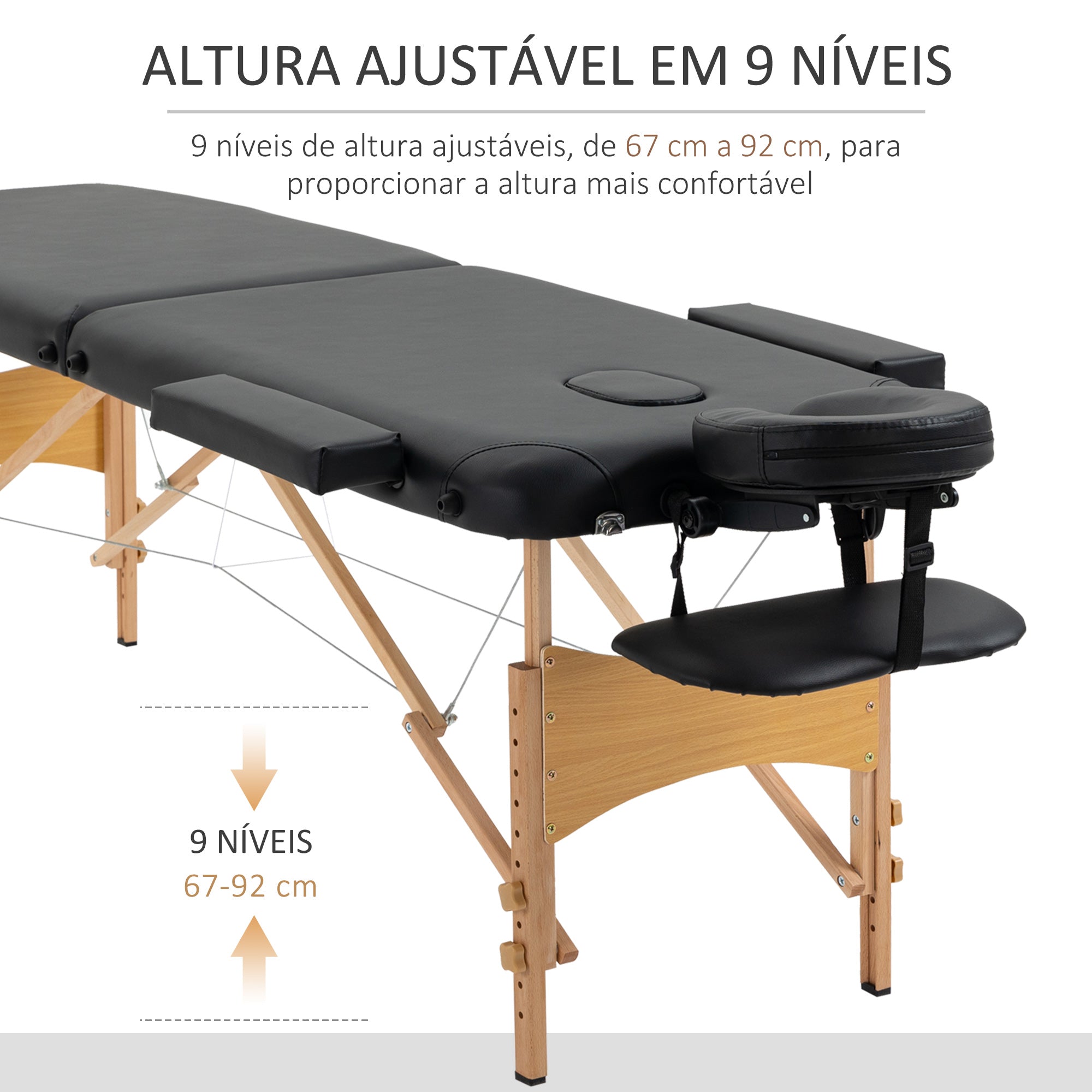 Marquesa de Massagem Dobrável 185x60 cm Preto - Altura Ajustável 61-88 cm