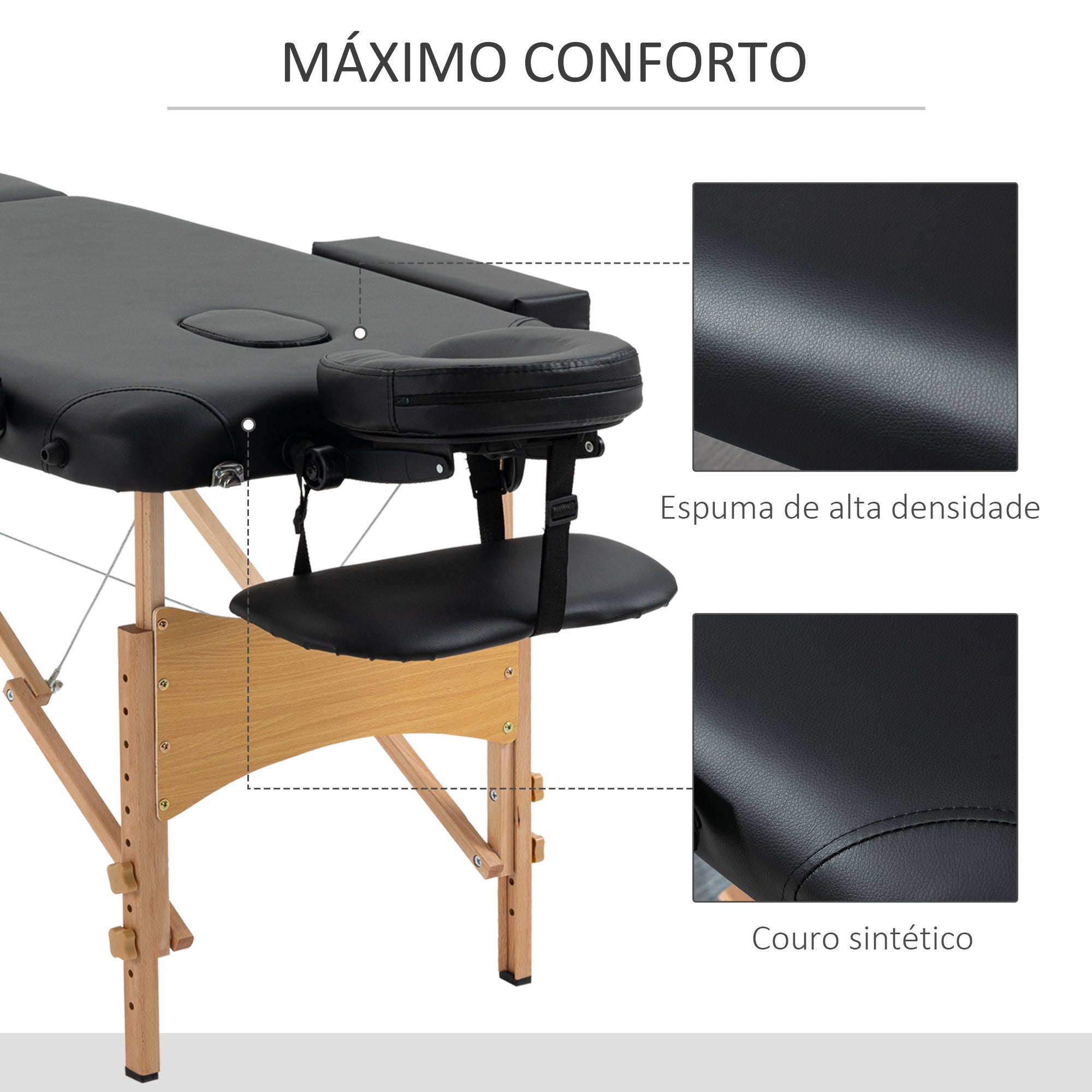Marquesa de Massagem Dobrável 185x60 cm Preto - Altura Ajustável 61-88 cm