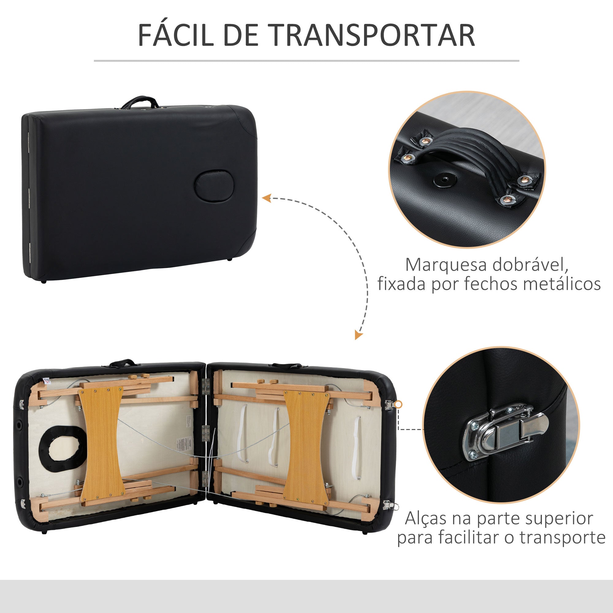 Marquesa de Massagem Dobrável 185x60 cm Preto - Altura Ajustável 61-88 cm