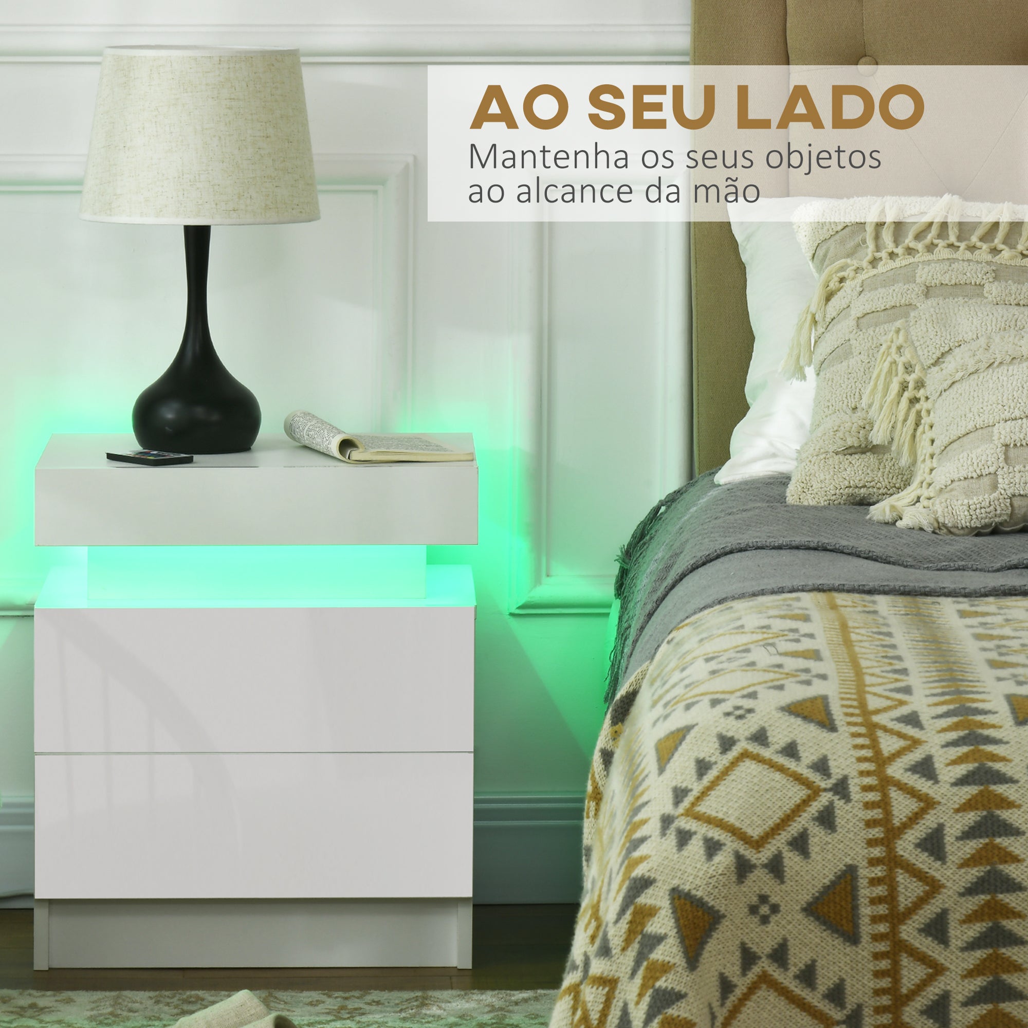 Mesa de Cabeceira com Luz LED 45x35x52 cm - Branco