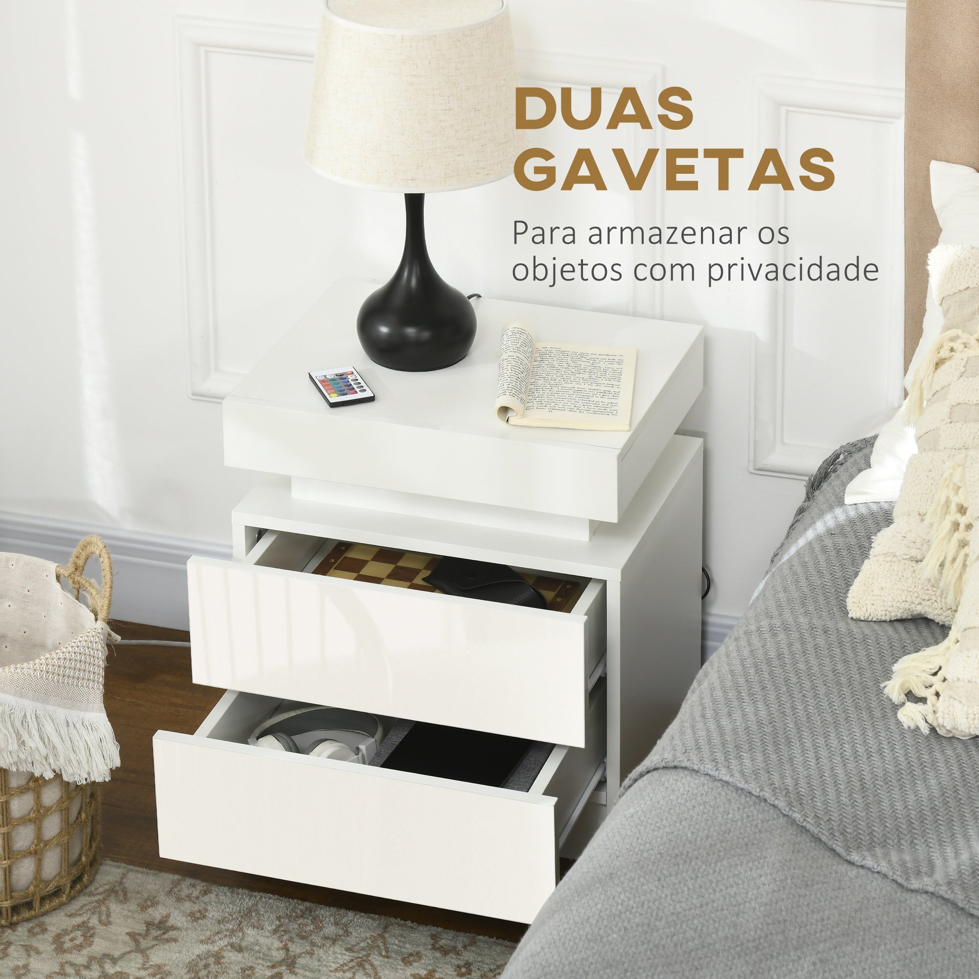 Mesa de Cabeceira com Luz LED 45x35x52 cm - Branco