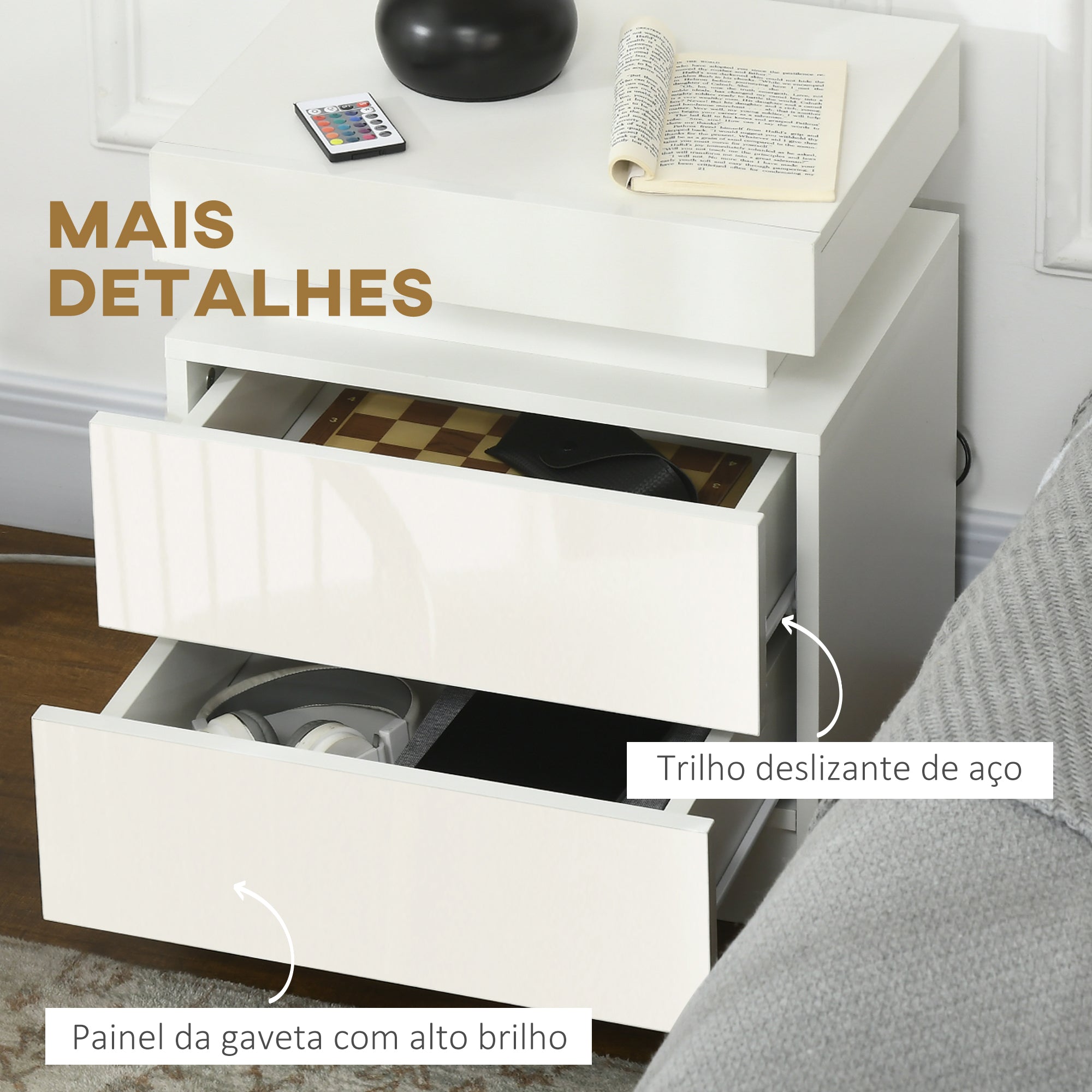 Mesa de Cabeceira com Luz LED 45x35x52 cm - Branco