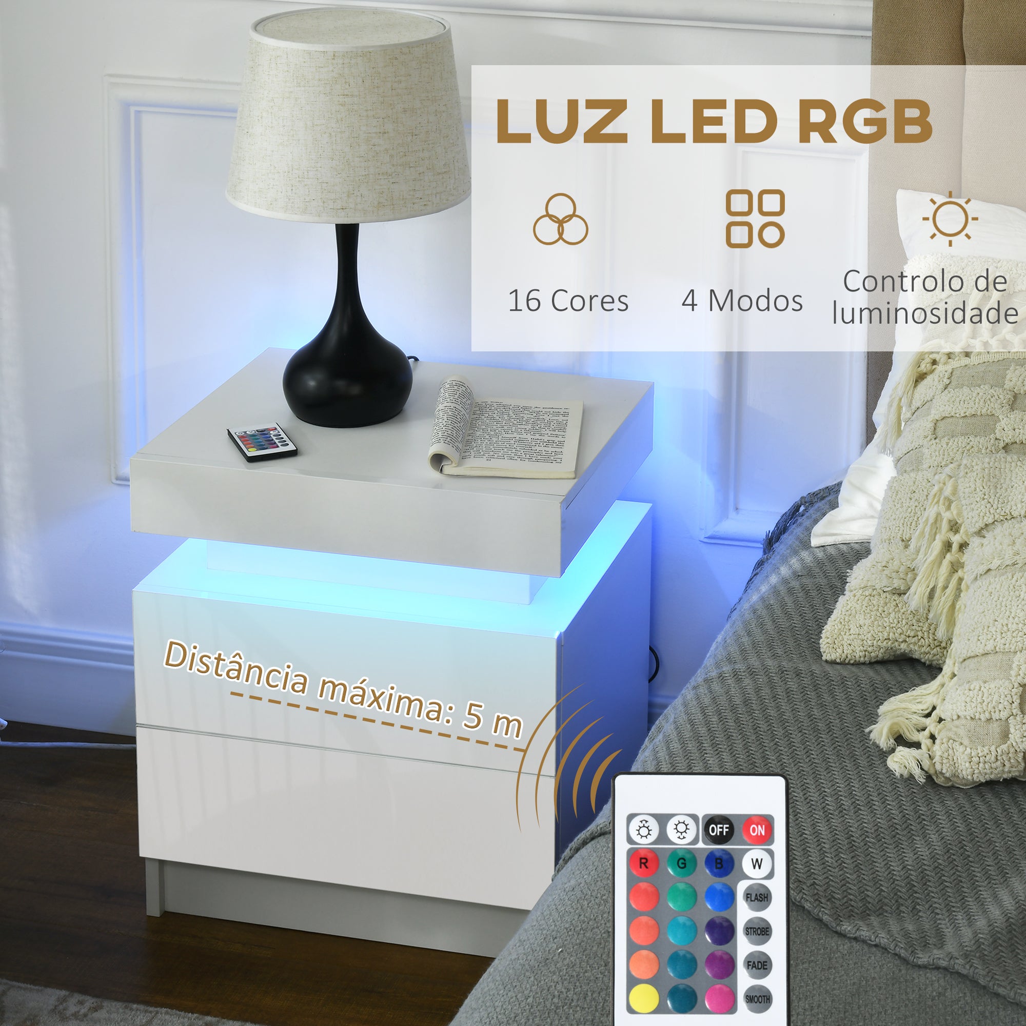 Mesa de Cabeceira com Luz LED 45x35x52 cm - Branco