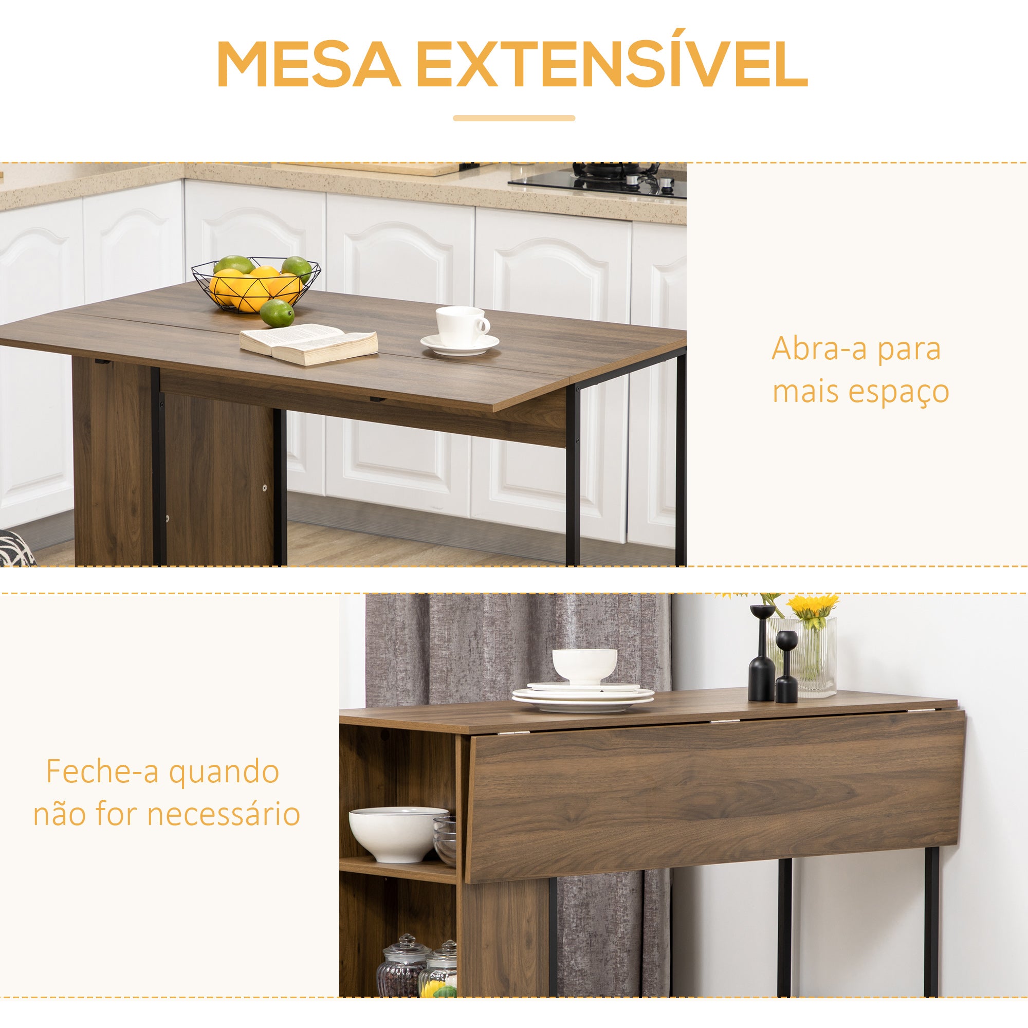 Mesa de Bar Extensível com 3 Prateleiras de Armazenamento - Marrom 120x76x91,4 cm