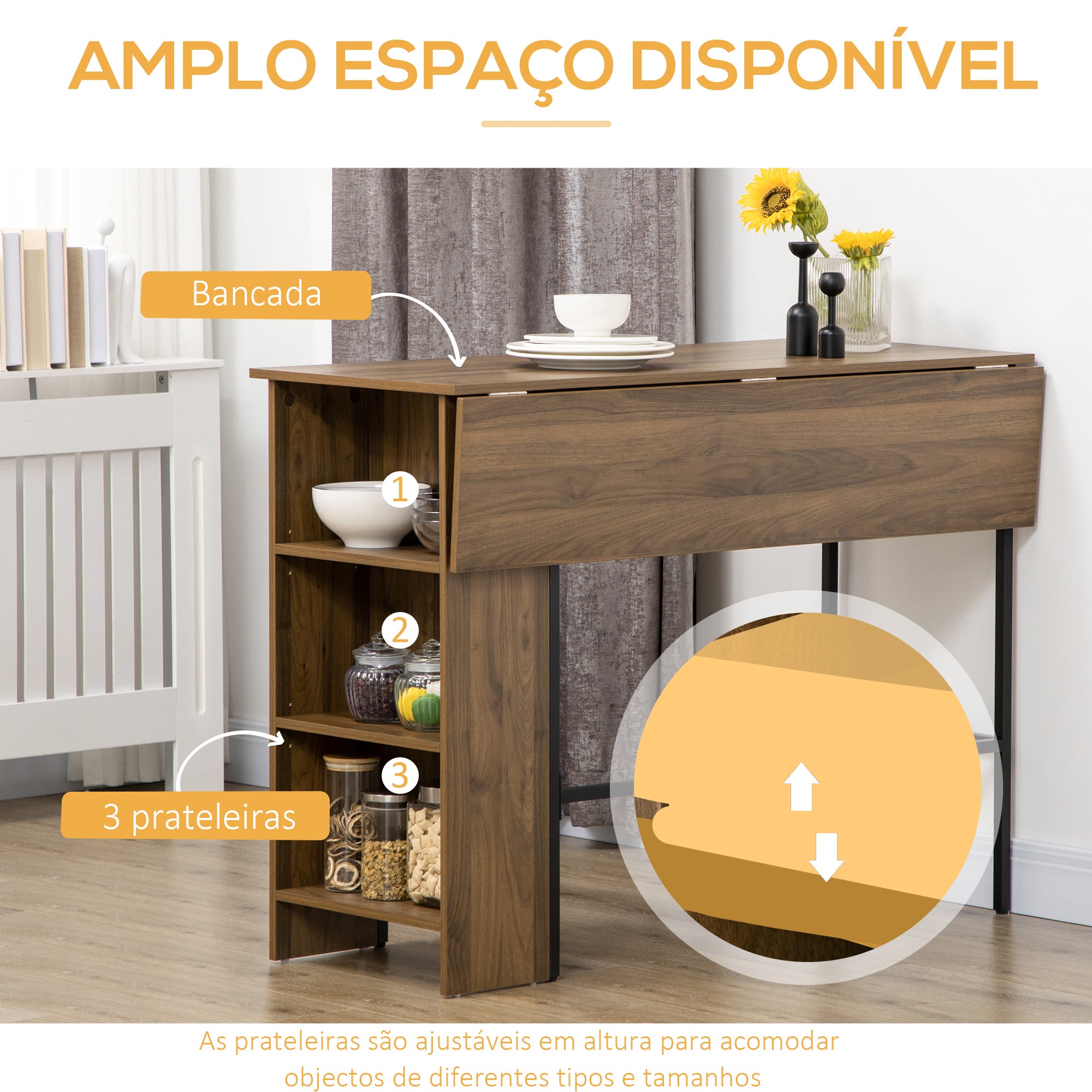 Mesa de Bar Extensível com 3 Prateleiras de Armazenamento - Marrom 120x76x91,4 cm