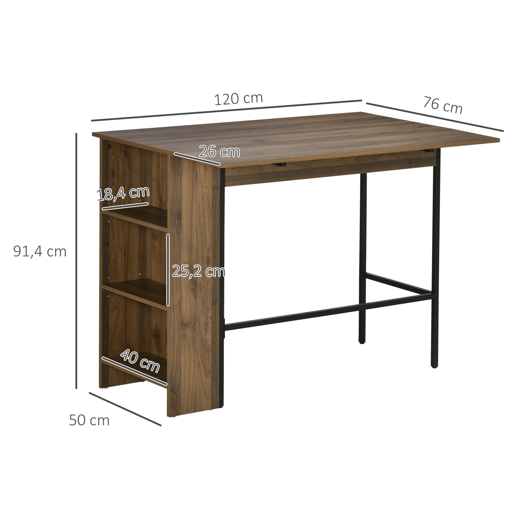 Mesa de Bar Extensível com 3 Prateleiras de Armazenamento - Marrom 120x76x91,4 cm