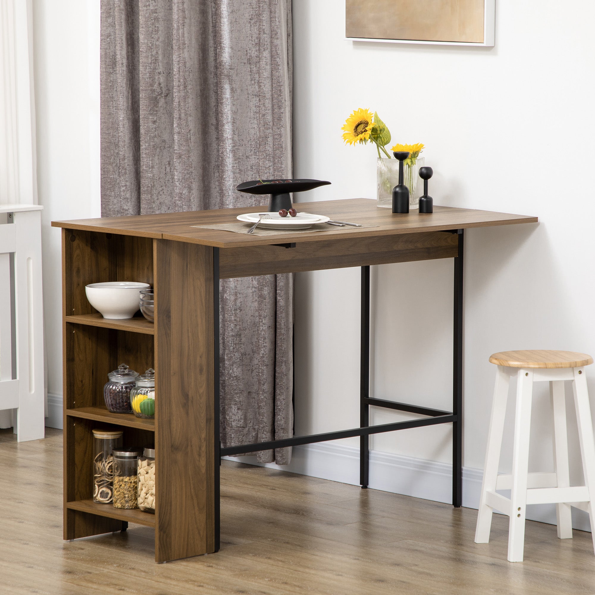 Mesa de Bar Extensível com 3 Prateleiras de Armazenamento - Marrom 120x76x91,4 cm