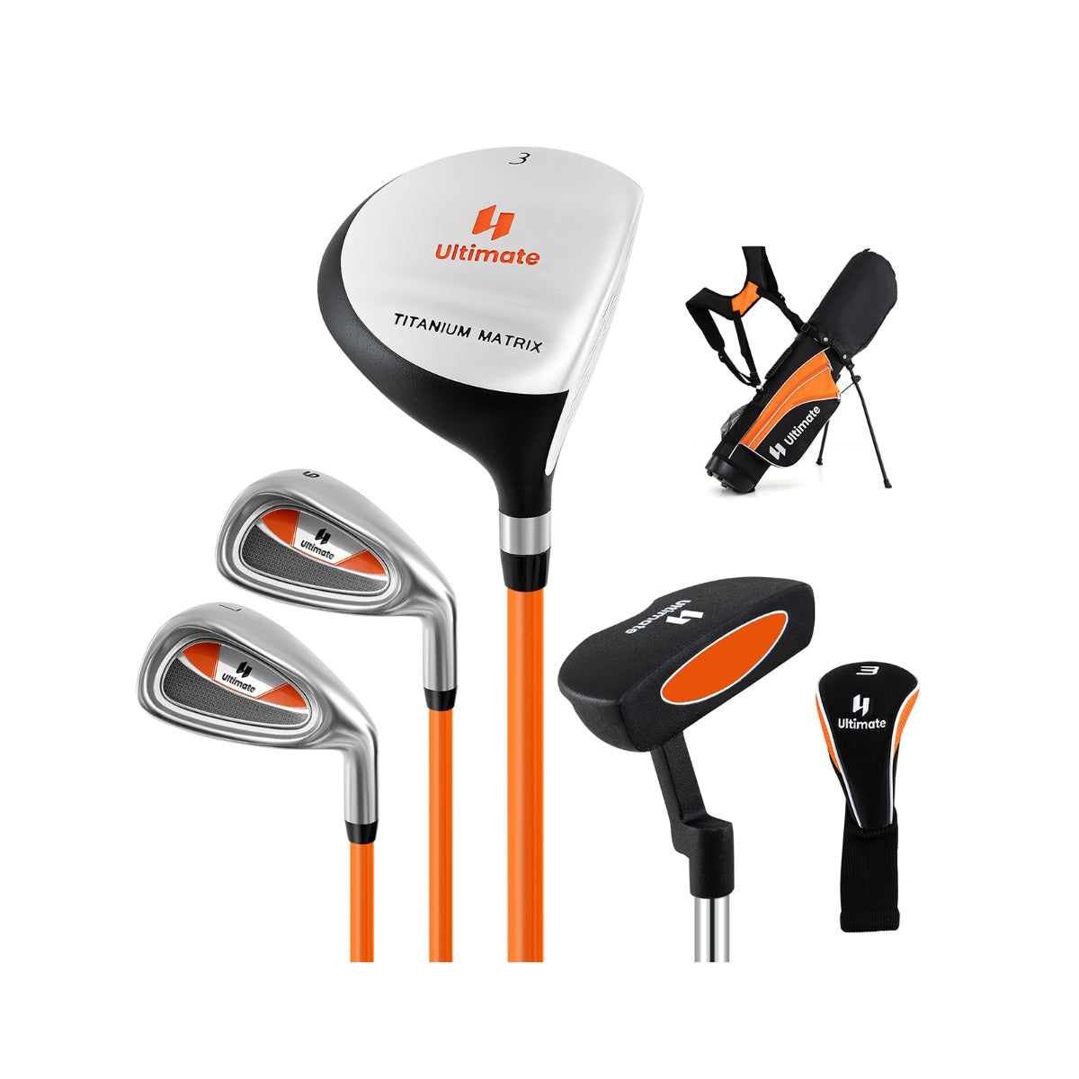 Conjunto Completo de Tacos de Golfe para Crianças Inclui Ferros 205CC 3 Fairway 7 &9 Putter Capa de Cabeça Saco Portátil para 11-13 Anos Laranja