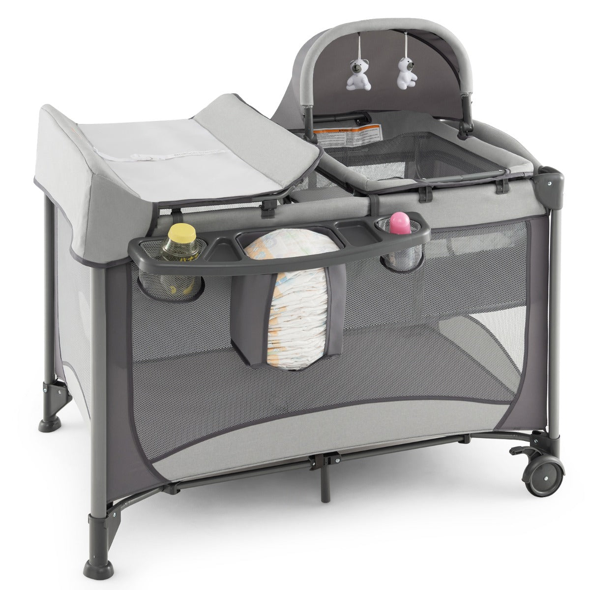 Parque Infantil Portátil 5 em 1 com Berço de Proteção, Trocador de Fraldas, Colchão Removível, 2 Rodas 110 x 78 x 78 cm Cinza