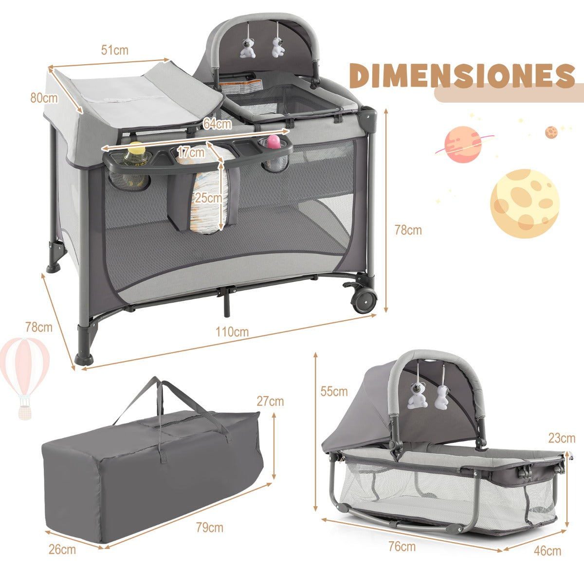 Parque Infantil Portátil 5 em 1 com Berço de Proteção, Trocador de Fraldas, Colchão Removível, 2 Rodas 110 x 78 x 78 cm Cinza