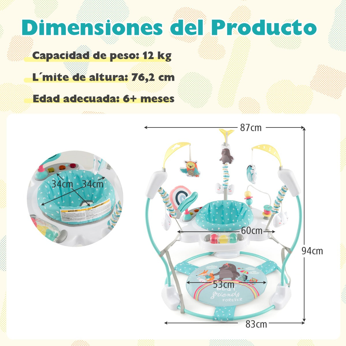 Centro de Atividades de Rebote para Bebés a partir dos 6 Meses com Luzes, Som, Altura Ajustável, Brinquedos Interativos e Bandeja de Música Azul