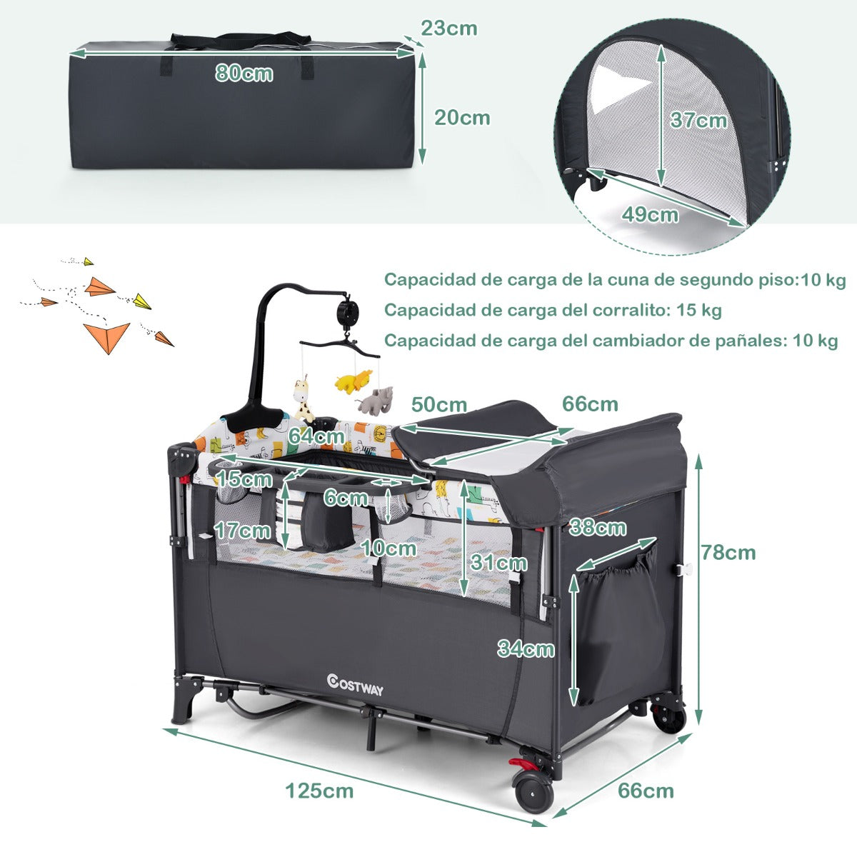 Berçário para Bebés 5 em 1 – 125 x 65 x 78 cm – Cinzento