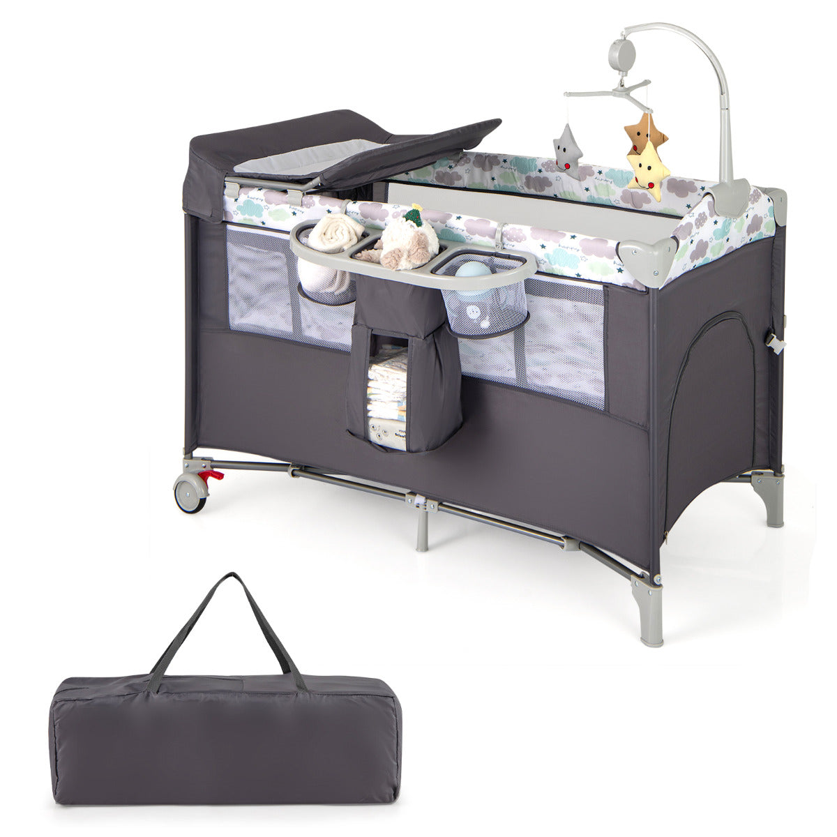 Centro Portátil 5 em 1 para Bebé Plegável com Mesa para Trocar Fraldas, Berço Lateral para Dormir Moisés Colchão Bolsa de Viagem Cinzento