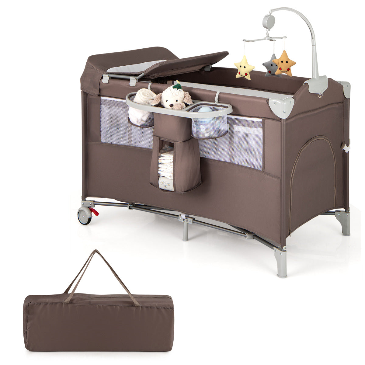 Centro Portátil 5 em 1 para Bebé Plegável com Mesa para Trocar Fraldas Corral Berço Lateral para Dormir Moisés Colchão Bolsa de Viagem Castanho