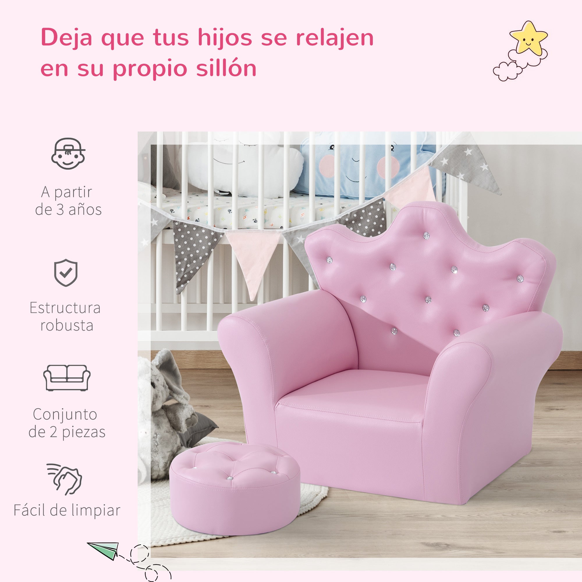 Sofá Infantil Decorativo em Forma de Coroa 58x40.5x49cm - Cor Rosa
