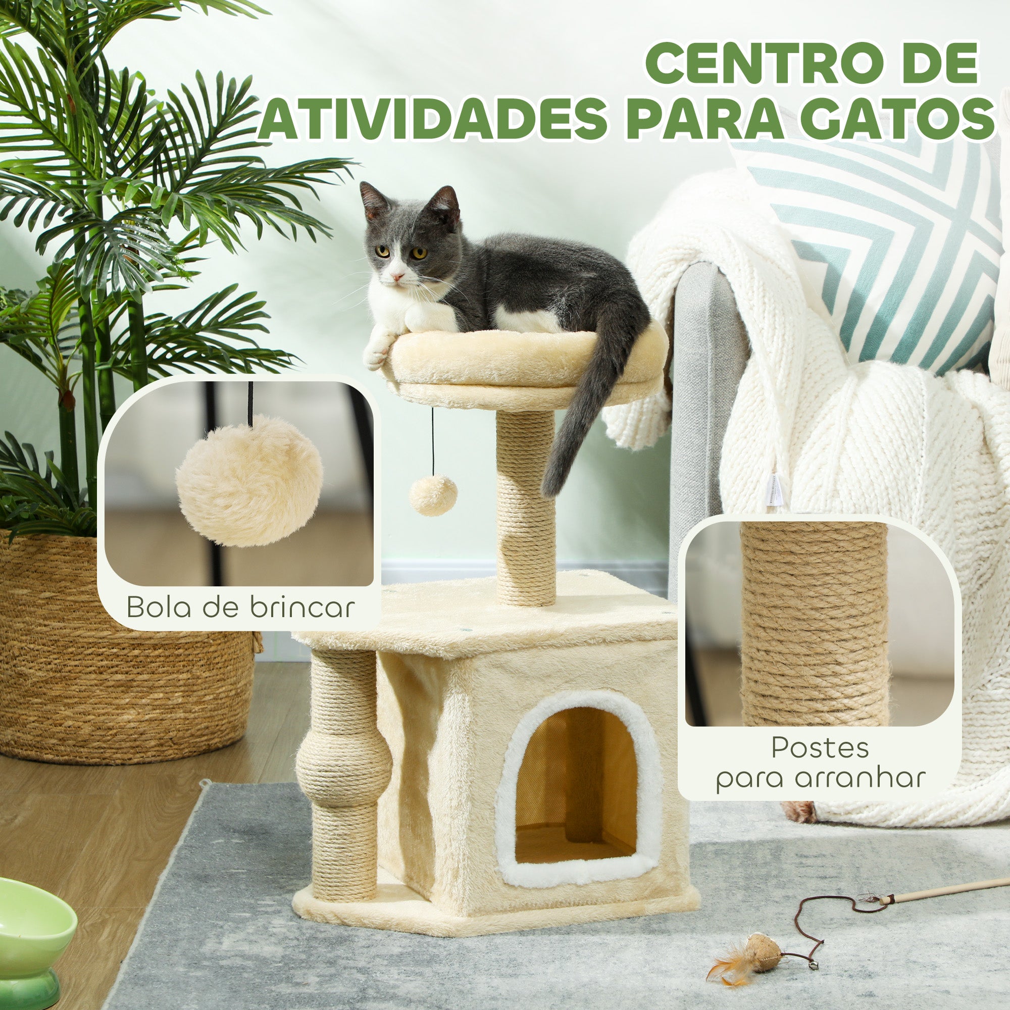 Arranhador para Gatos Marrom 42x30x66 cm com Cama, Caverna e Poste de Juta