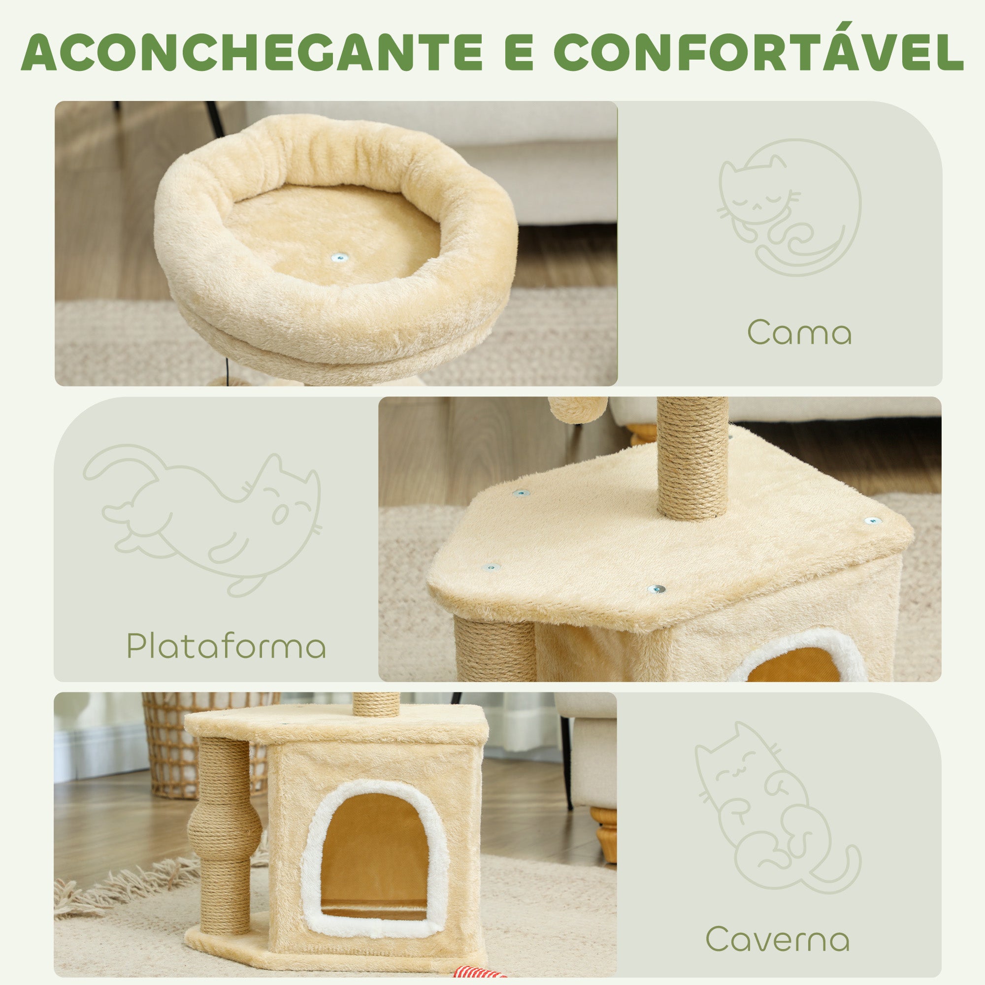 Arranhador para Gatos Marrom 42x30x66 cm com Cama, Caverna e Poste de Juta