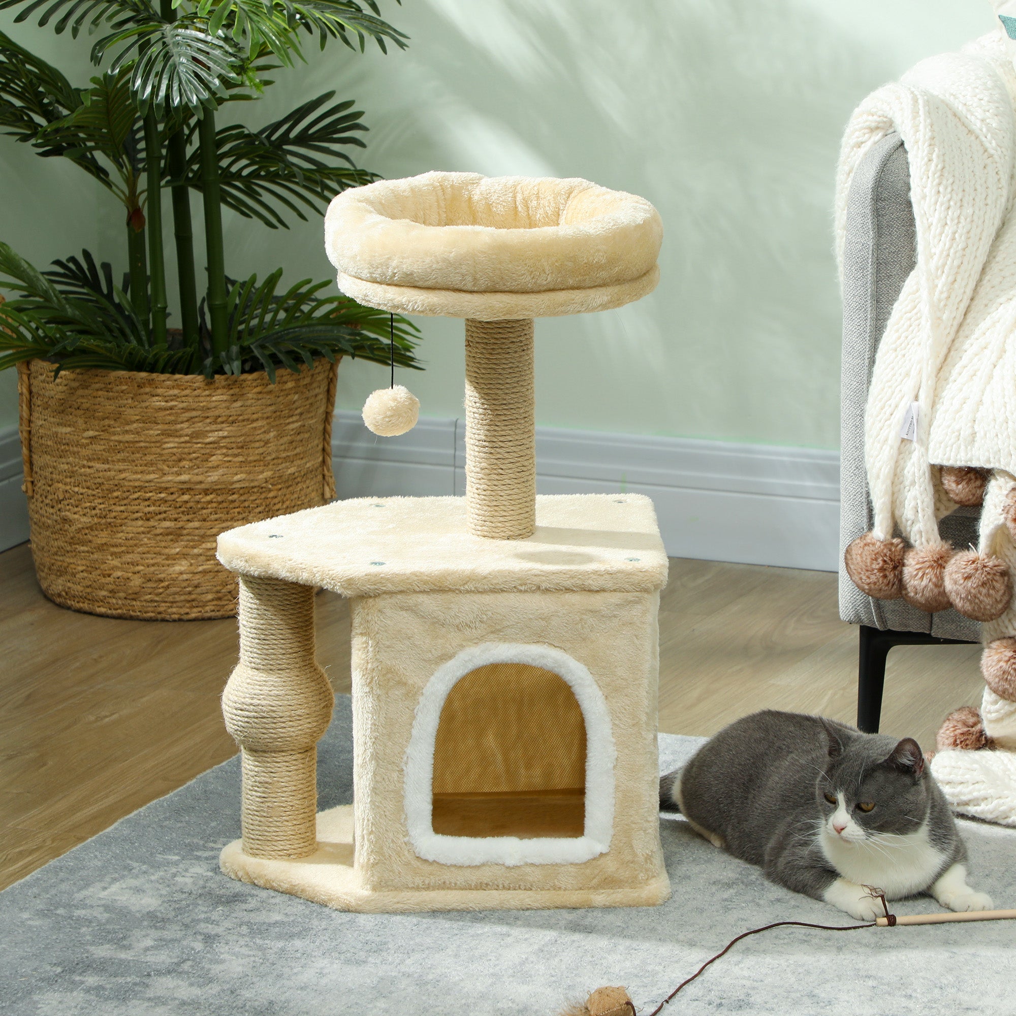 Arranhador para Gatos Marrom 42x30x66 cm com Cama, Caverna e Poste de Juta