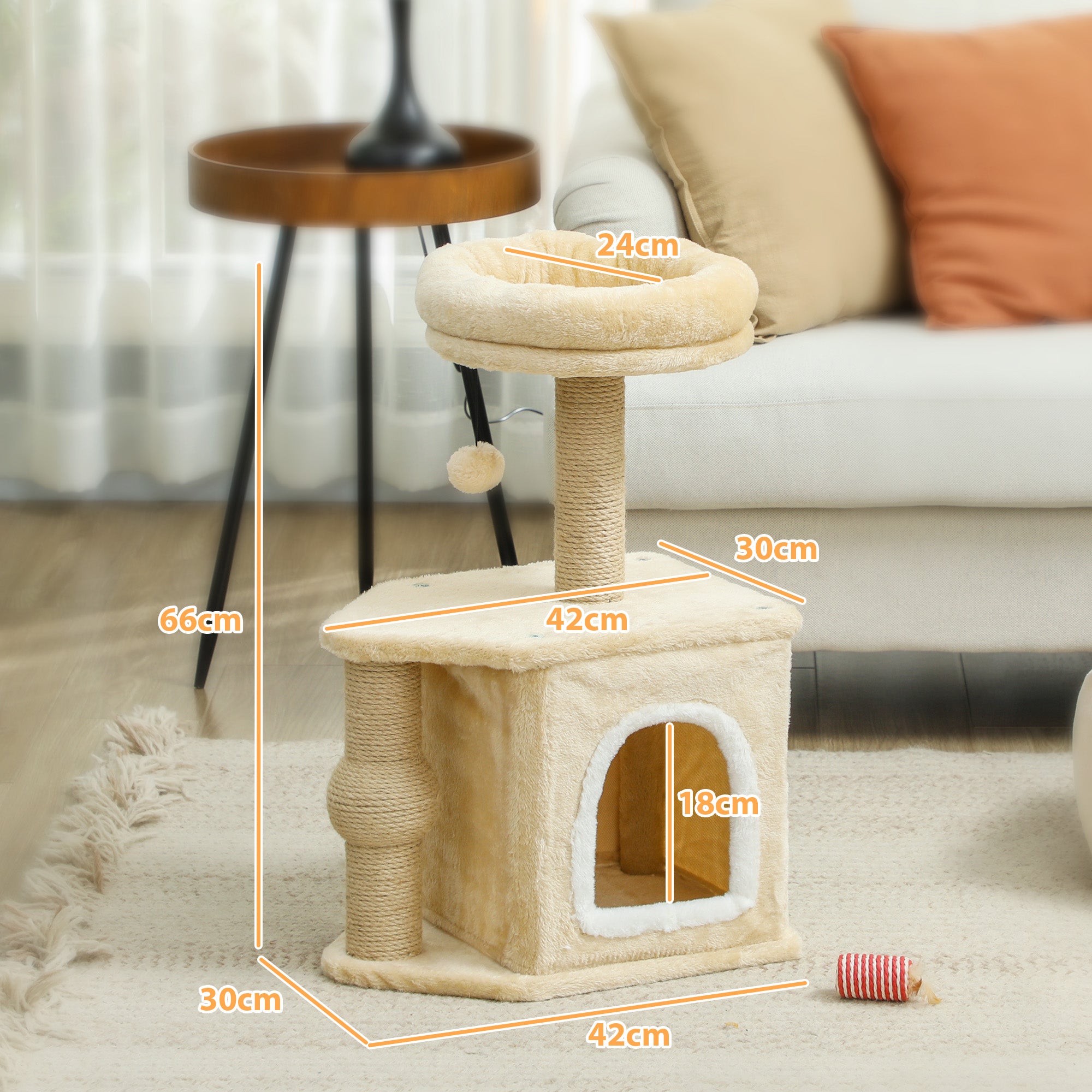 Arranhador para Gatos Marrom 42x30x66 cm com Cama, Caverna e Poste de Juta