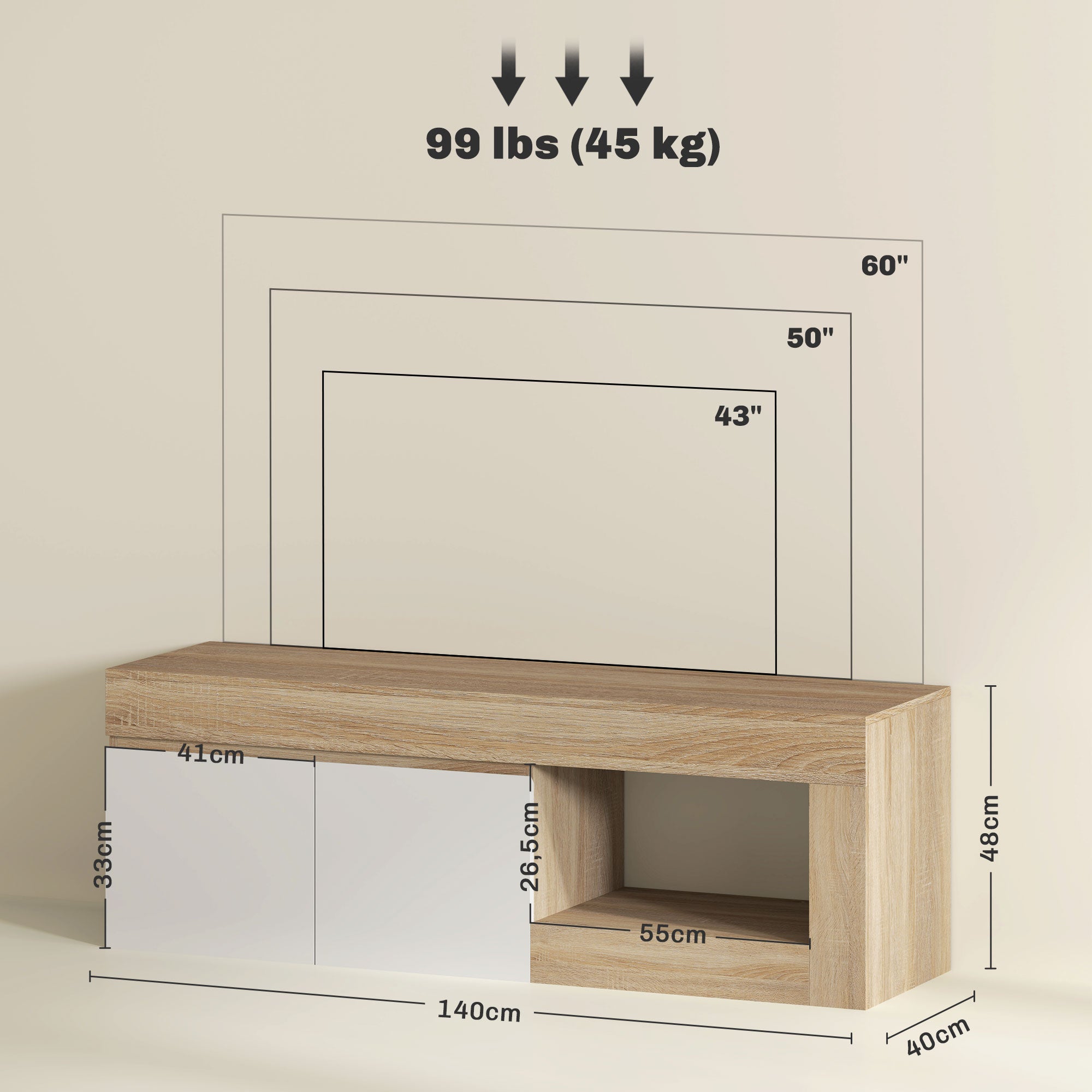 Móvel de TV Moderno 140x40x48 cm - Madeira e Branco