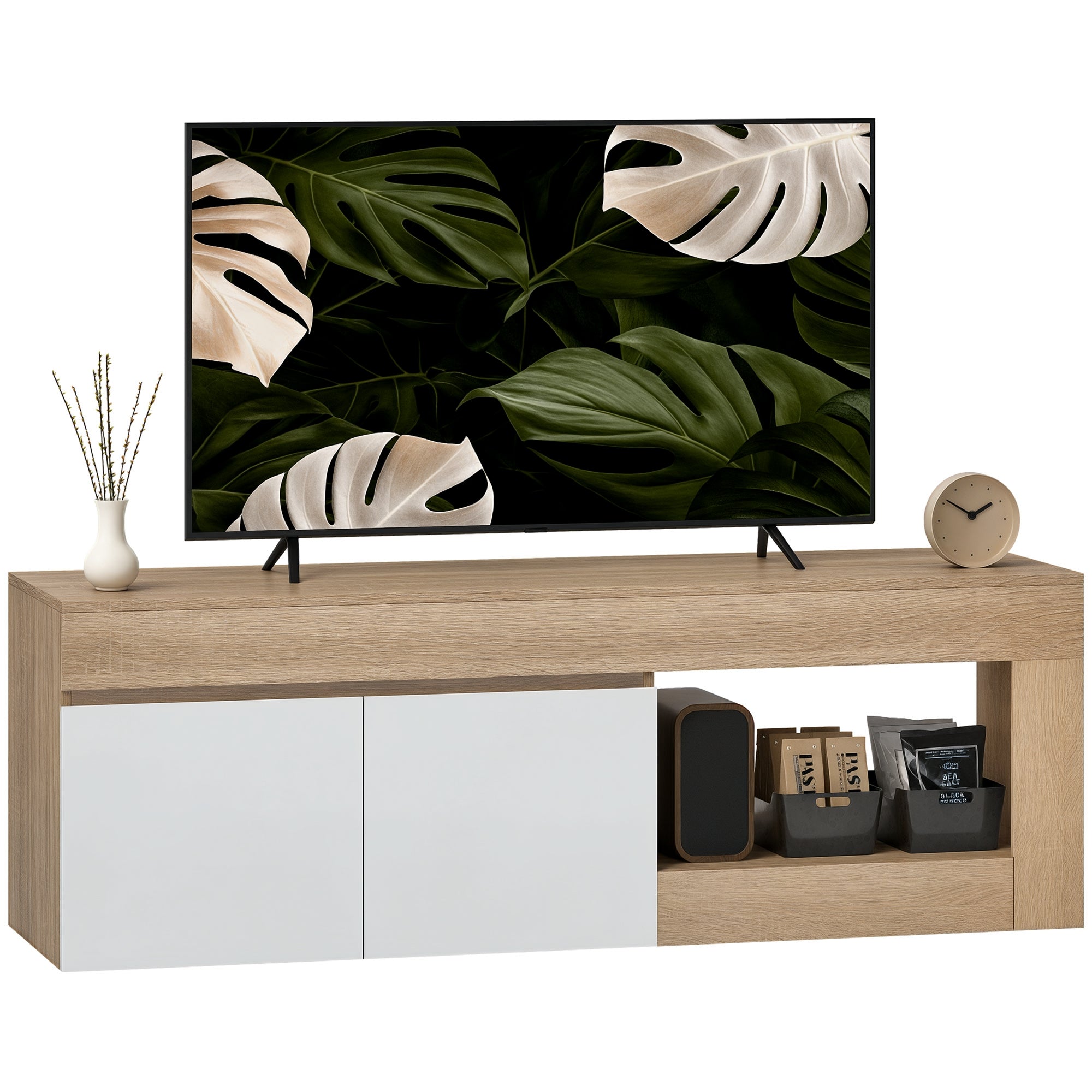 Móvel de TV Moderno 140x40x48 cm - Madeira e Branco
