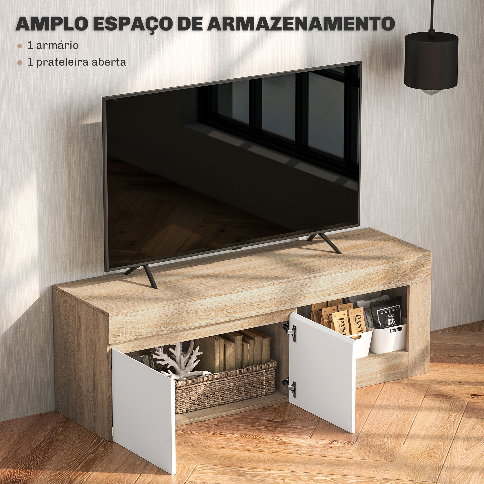 Móvel de TV Moderno 140x40x48 cm - Madeira e Branco