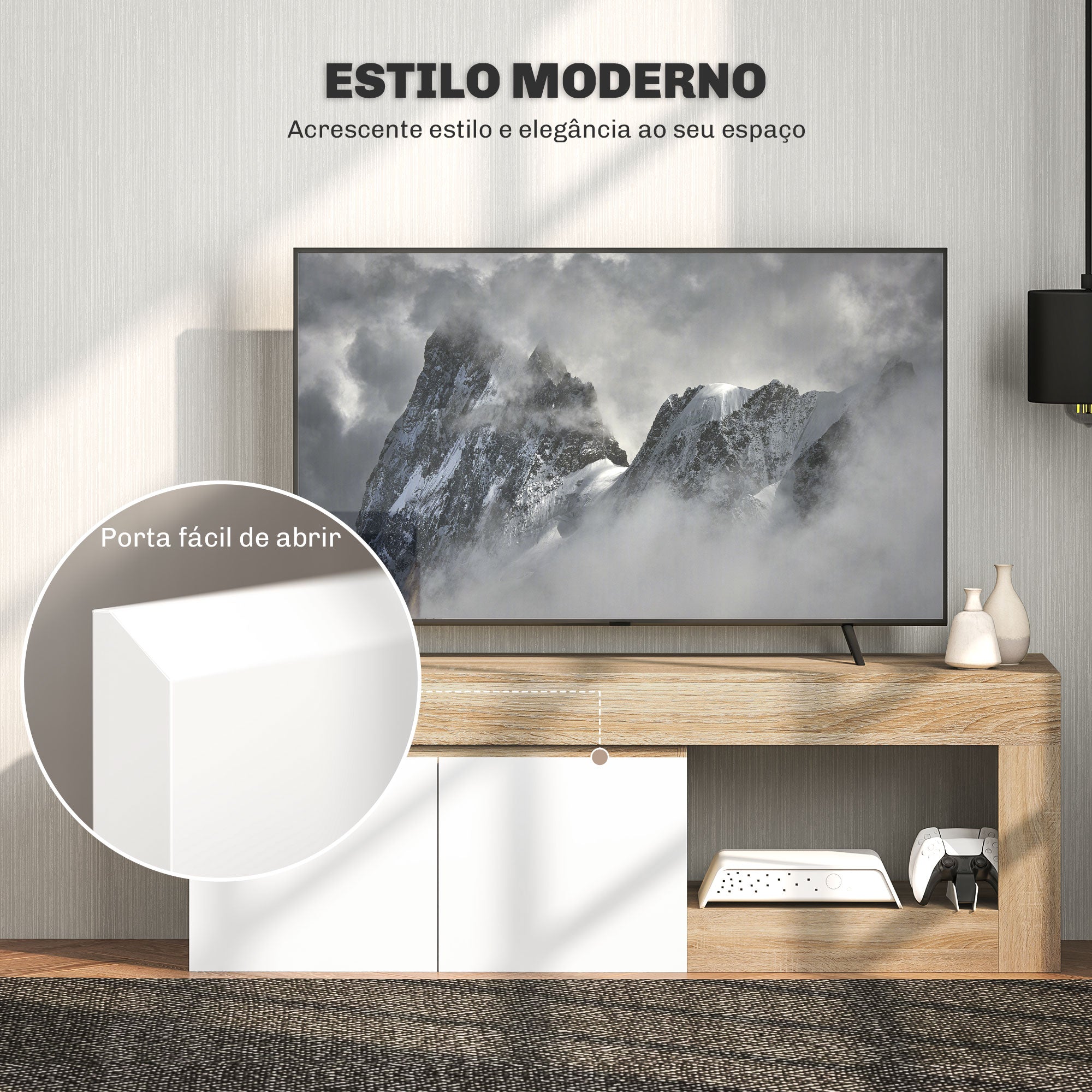 Móvel de TV Moderno 140x40x48 cm - Madeira e Branco