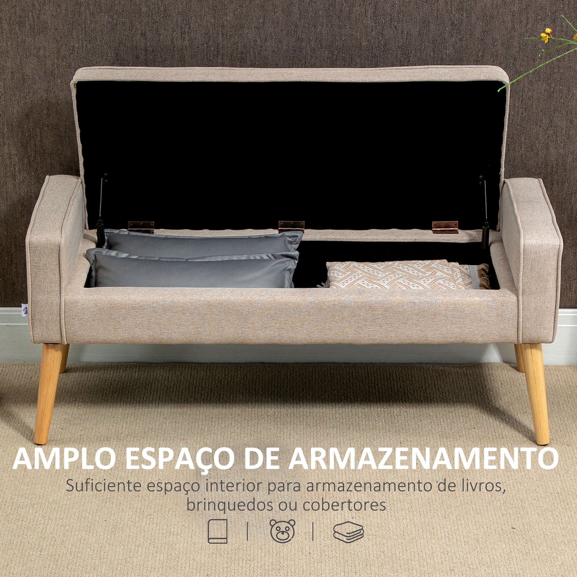Banco de Armazenamento Estofado 120x45x54cm Bege e Madeira
