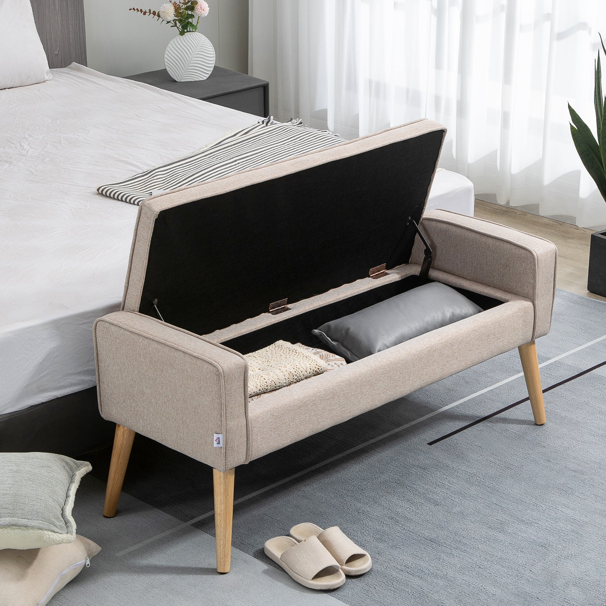 Banco de Armazenamento Estofado 120x45x54cm Bege e Madeira