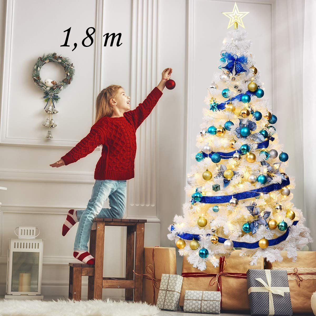 Árvore de Natal Artificial Branca de 180cm com Base Metálica em PVC para Decoração de Festas