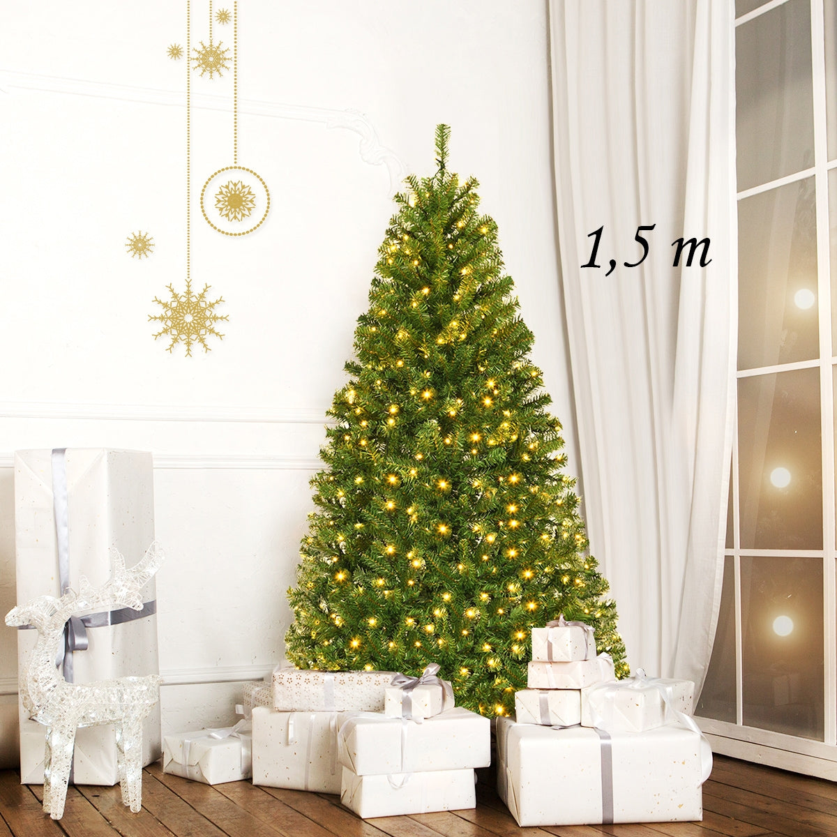 Árvore de Natal Artificial de 1,5m com Suporte LED Cordão de Luz 2 Cores Decoração para Casa e Festa de Natal