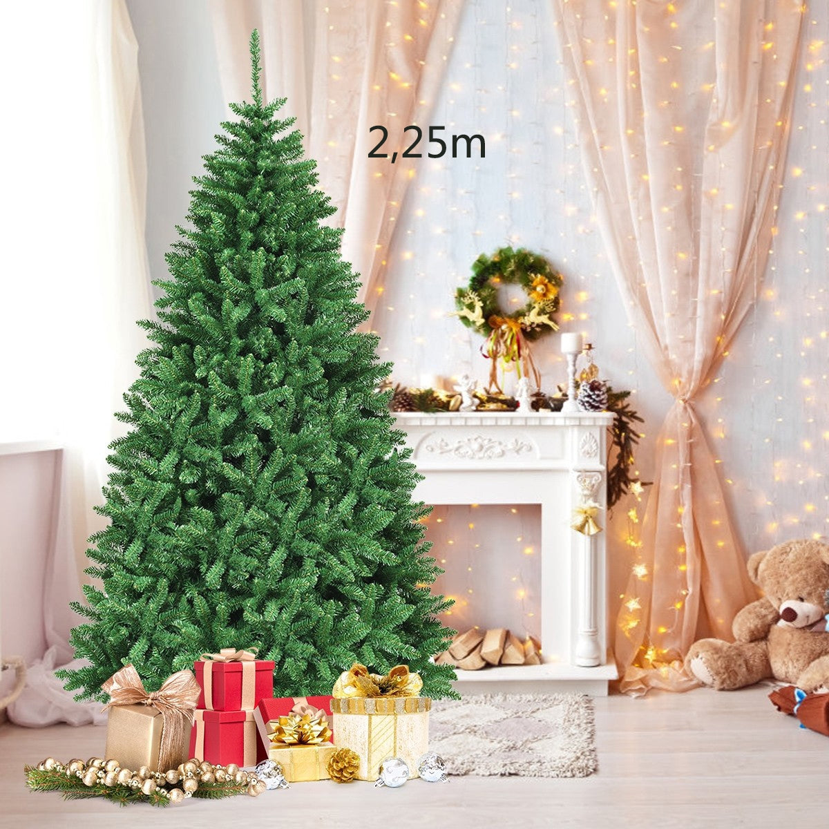 Árvore de Natal Abeto Artificial Não Iluminado com 2,25m e Base de Metal Dobrável - Decoração para Casa e Escritório