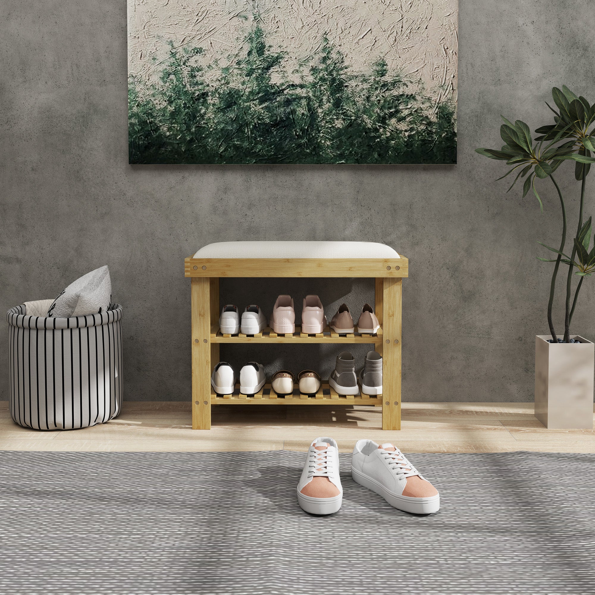 Banco Sapateira com Assento Almofadado 60x29x49 cm - Creme e Madeira
