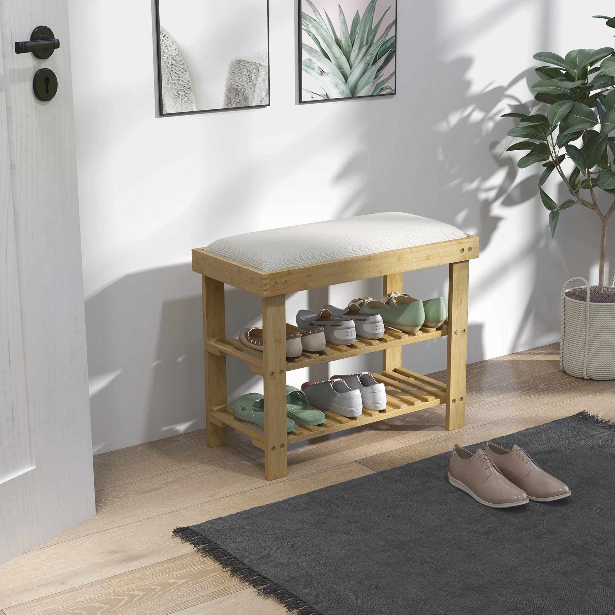 Banco Sapateira com Assento Almofadado 60x29x49 cm - Creme e Madeira