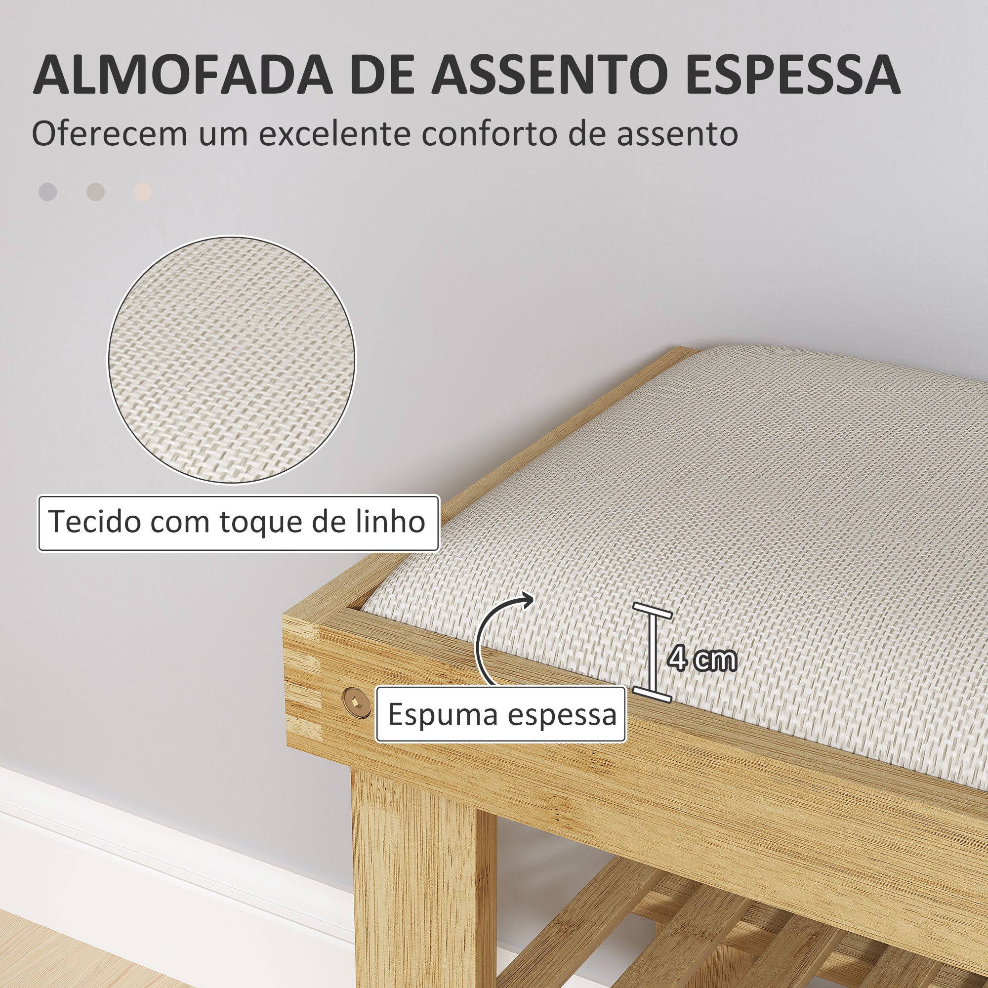 Banco Sapateira com Assento Almofadado 60x29x49 cm - Creme e Madeira
