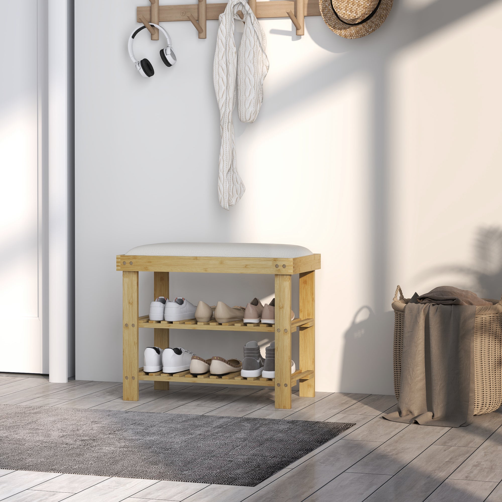 Banco Sapateira com Assento Almofadado 60x29x49 cm - Creme e Madeira